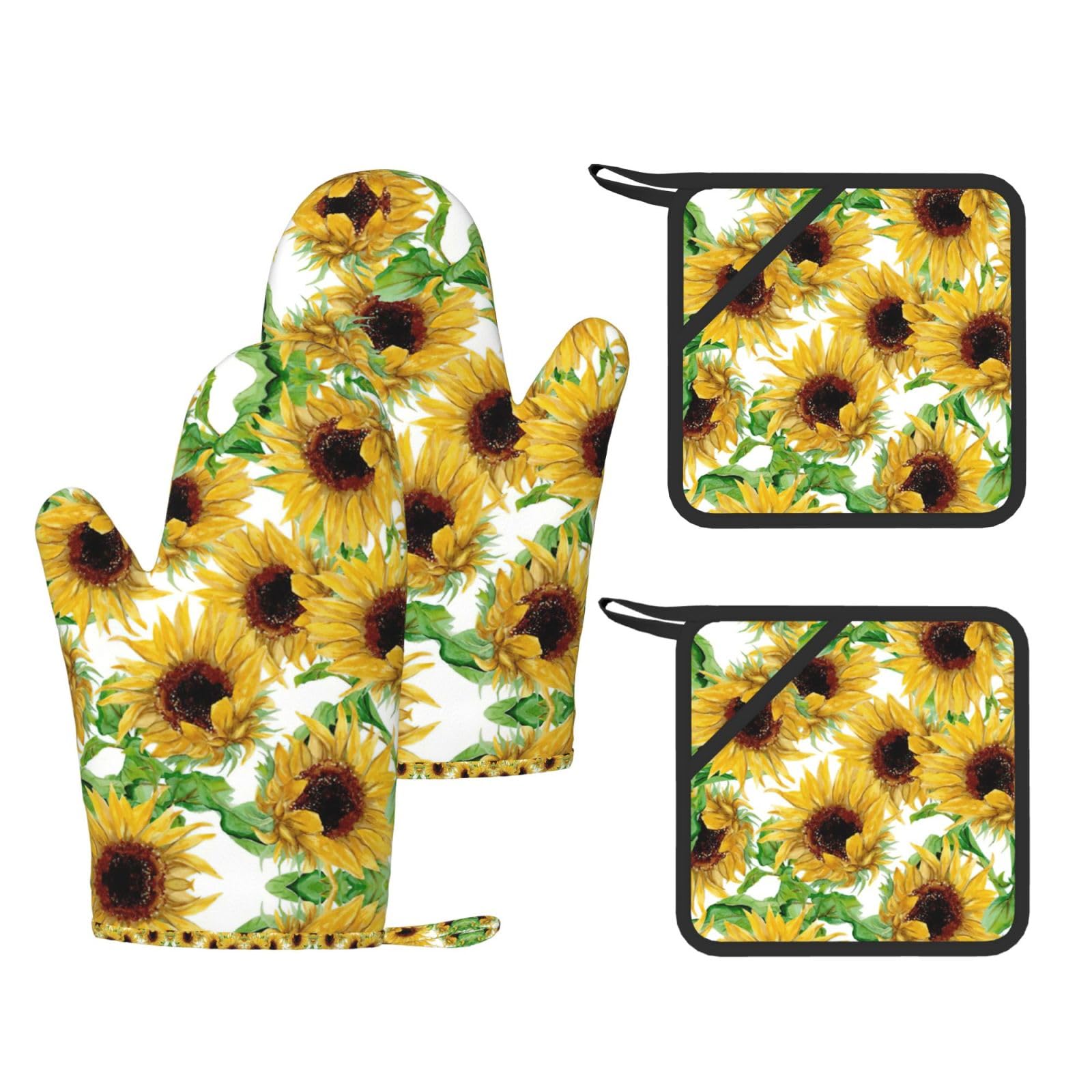Yellow Sunflowers Printed Potholder and Oven Mitt Set of 4, High Heat Resistant Cooking Gloves for BBQ Grilling
