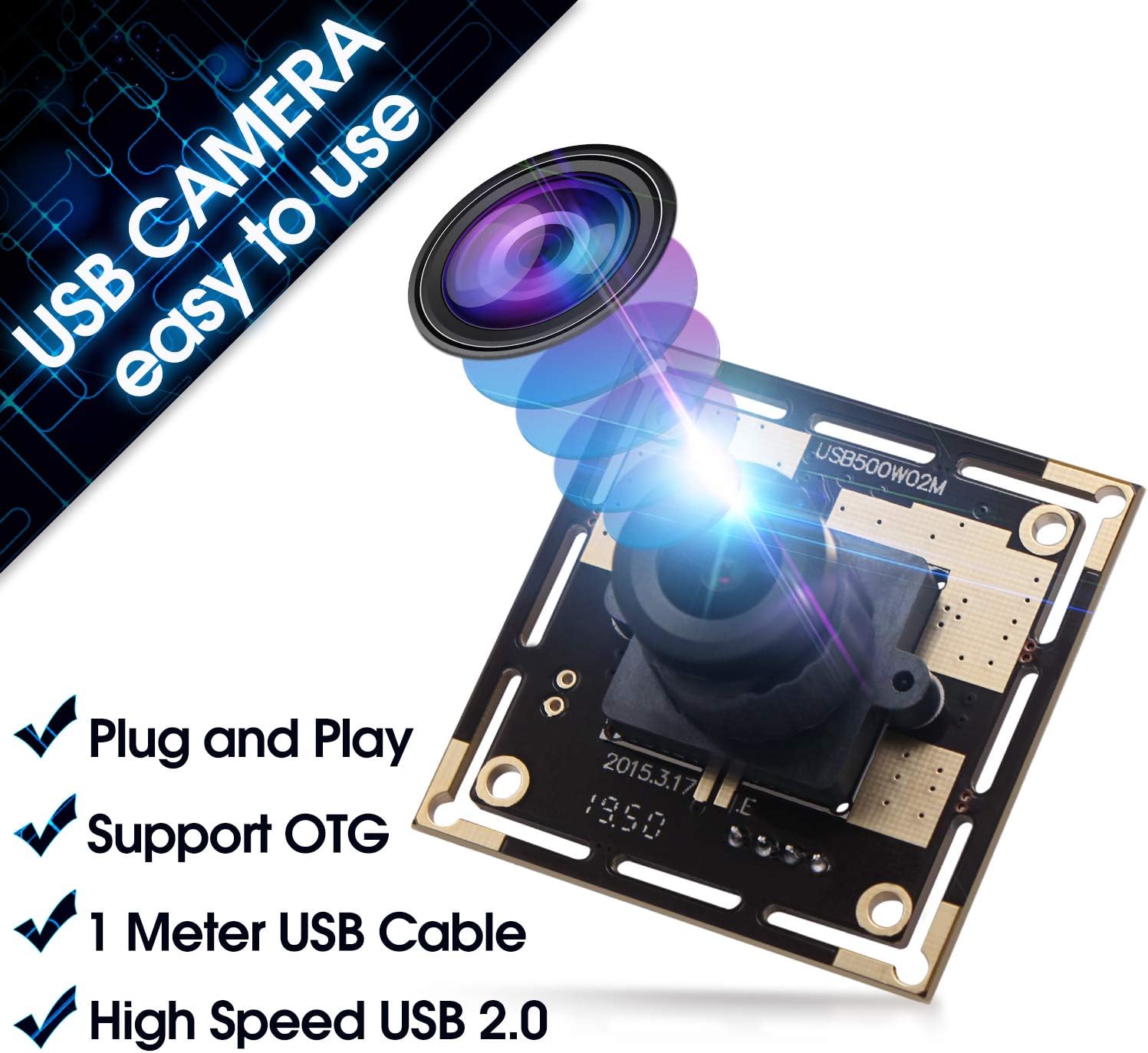 5 Megapixel USB Camera Module HD 2592X1944 Webcamera with CMOS OV5640 Sensor, Machine Vision Mini Webcam for Windows Mac Andriod Linux,Plug&Play,OTG Camera (2.1mm Lens)