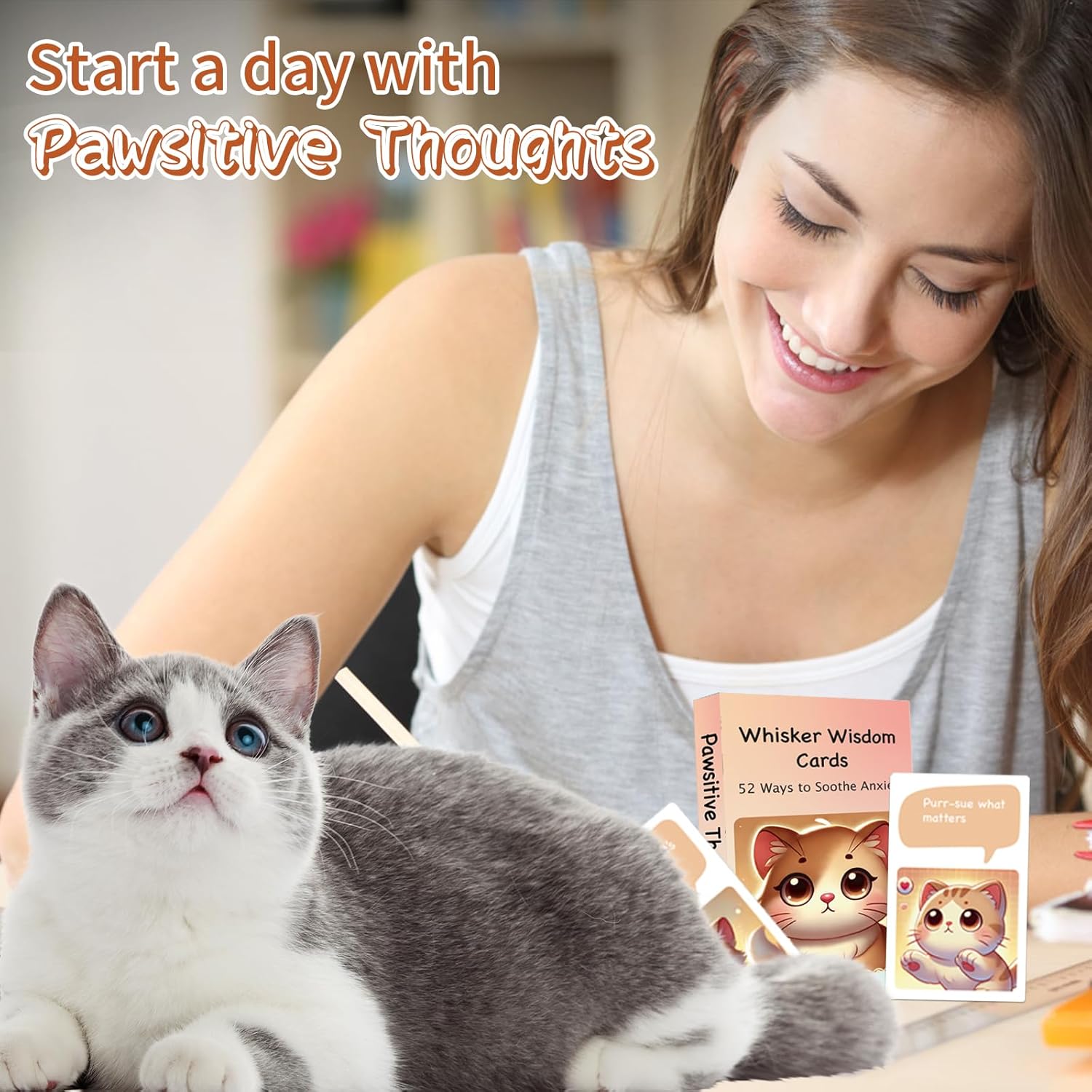 52 Catitude Affirmation Cards Cat Lover Gifts for Women, Self Care Mindfulness Positive Affirmations Cards for Anxiety, Vagus Nerve Stimulation Deck, Cats for Comfort, Stress Relief Gifts for Women