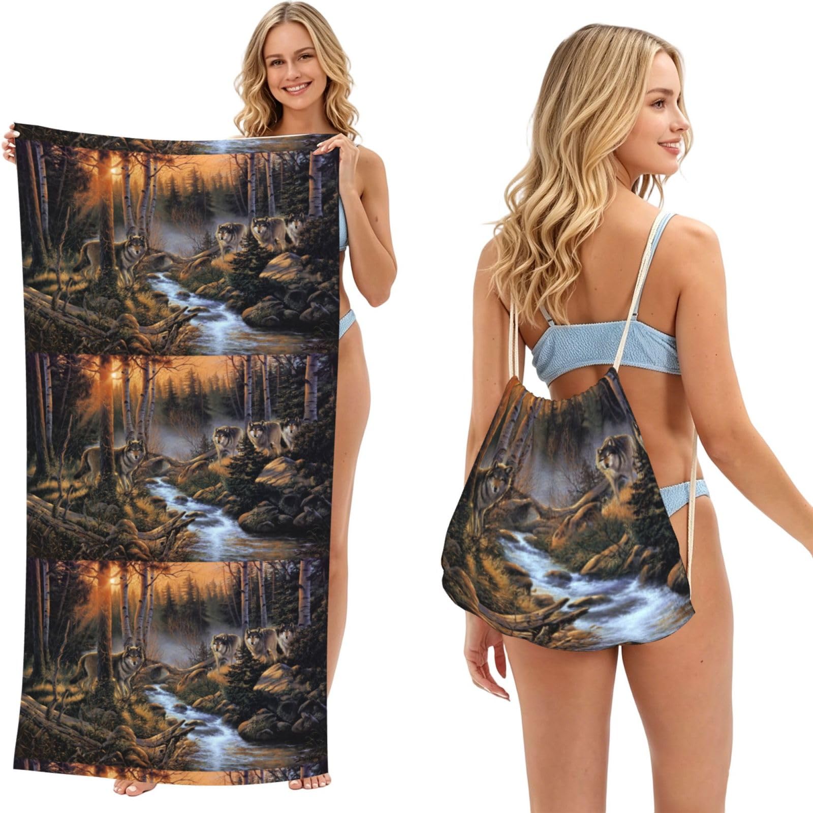 Poadnly As Picture Wolf Wildlife, 2 In 1 Packable Towel Bag, Beach Towels With Drawstring Backpack For Travel Holiday Camping