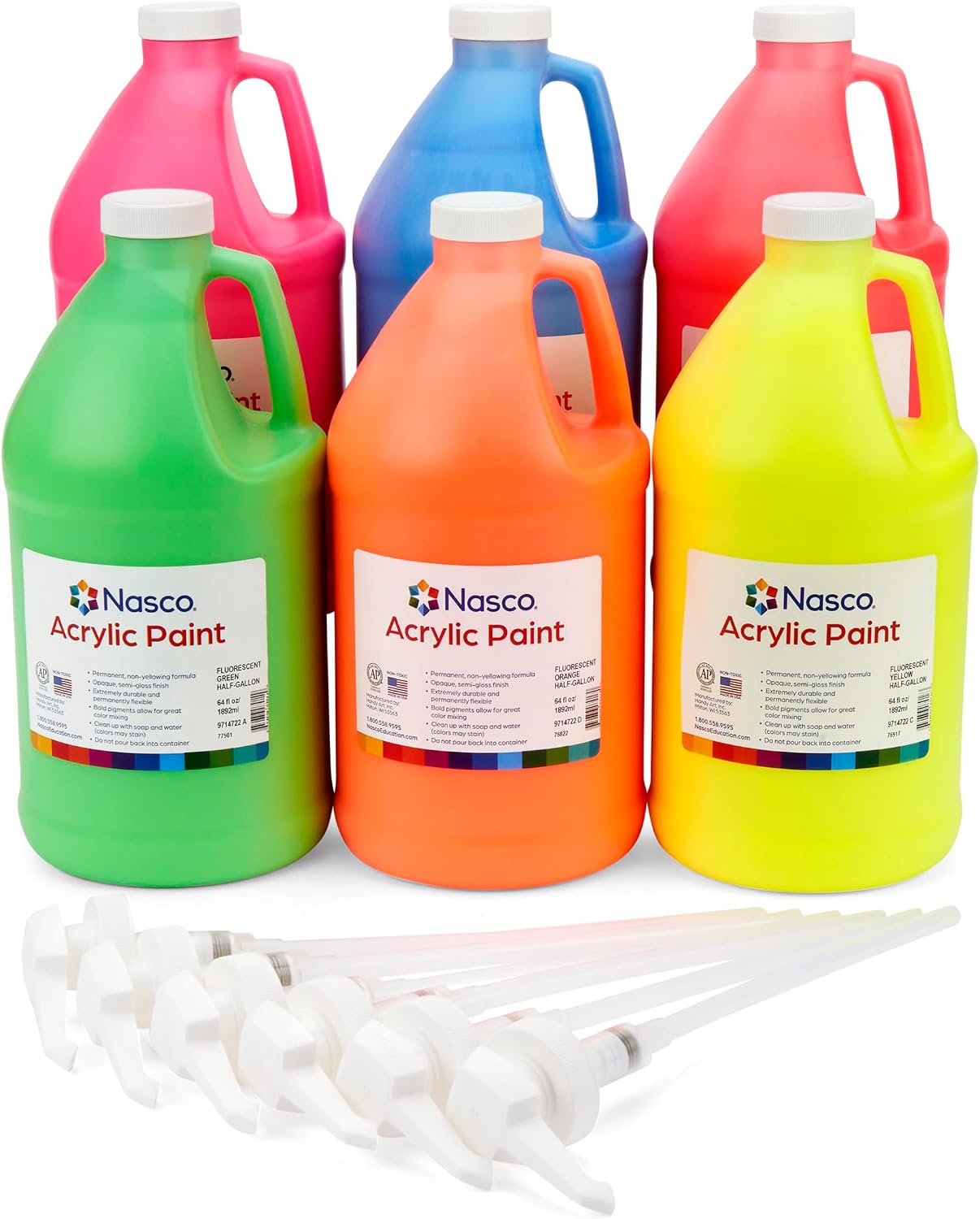 Nasco 9707366 Acrylic Fluorescent Paint Set, 6 Count, 1/2 Gallon - 64 oz. each