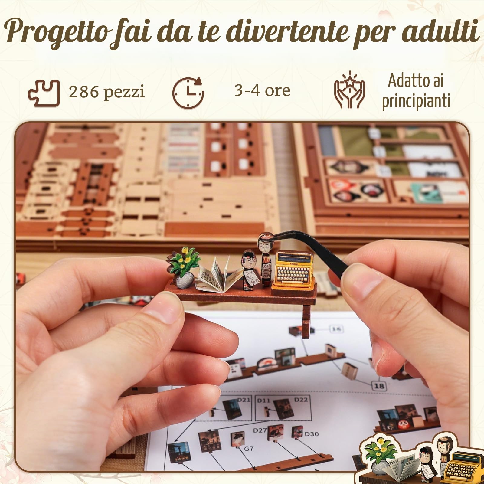 Fsolis Book Nook Japan Kit Antiquariato di Kyoto Puzzle 3D in legno