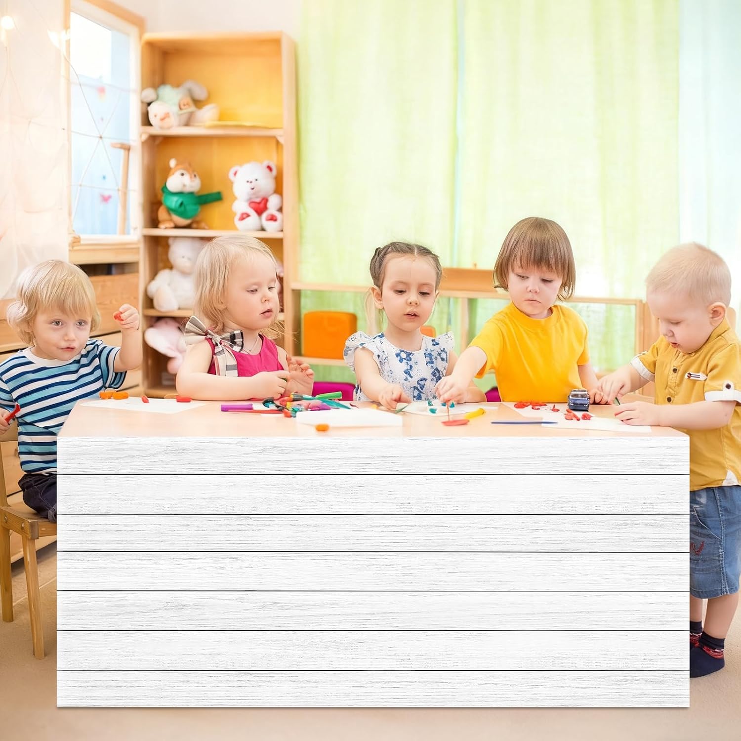 6FT White Wood Table Skirt Teacher Desk Skirt Classroom Table Cover for Back to School Decor Classroom Tables Cloths for First Day of School Supplies Office Bookcase Cabinet Decorations
