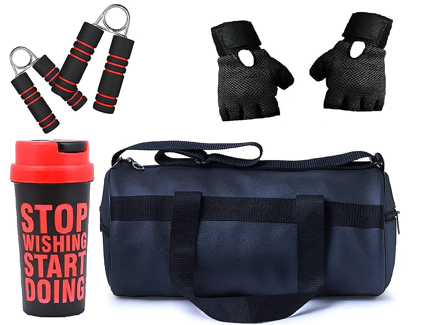 ALLIED SALES INDIASGC-765A 4 in 1 Pack Combo Pack Leather Antique Gym Bag; Protein Shaker;Gym Gloves with Wrist Support and Hand Strengthner Combos, BLACK, M, Gym Bags