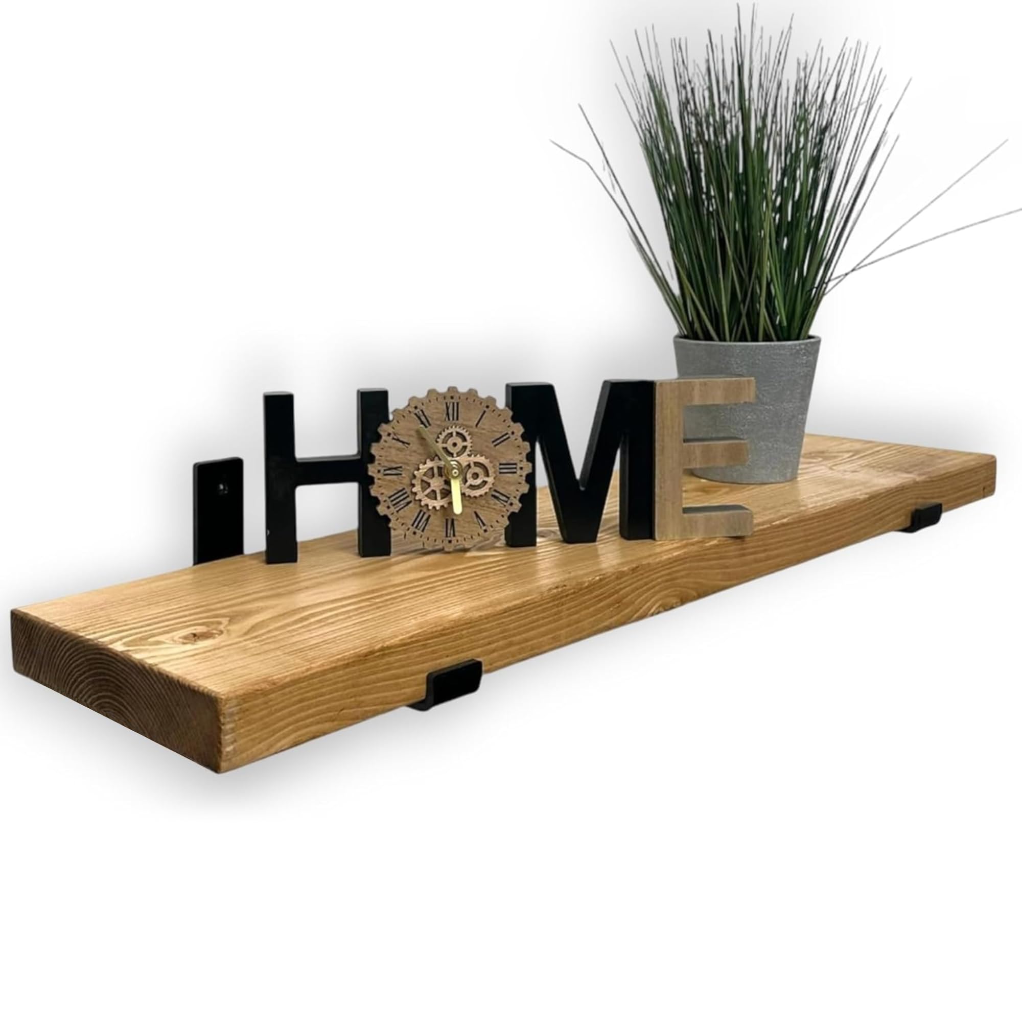 MKGT Handcrafted Rustic Wooden Floating Shelf – Wall Mounted with Black L Brackets – Made in the UK from Solid Timber – Kitchen, Bathroom & Living Room (Rustic Pine, 140cm) — image 1