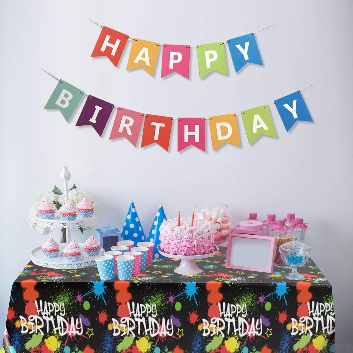 Domgoge Glow Tablecloth for Birthday Party Decoration Plastic Neon Table Cover Rectangle Paint Splatter Graffiti Black Table Cloth Disposable Party Decor Supplies, 54 x 108 Inch, 1pc