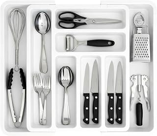 Edihome, Besteckkasten für Schubla, Besteckeinsatz für Schubladen, Küchenschubladen Organizer, erweiterbare Besteckschublade Einsatz, 6 bis 8 Fächern, no BPA, Küchenutensilien, Verstellbar (Weiß)