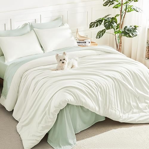 Miniatura 26 de Litanika - Juego de edredón de tamaño queen extragrande, 3 piezas, color verde salvia, ligero, unicolor, para todas las estaciones, esponjoso Verde