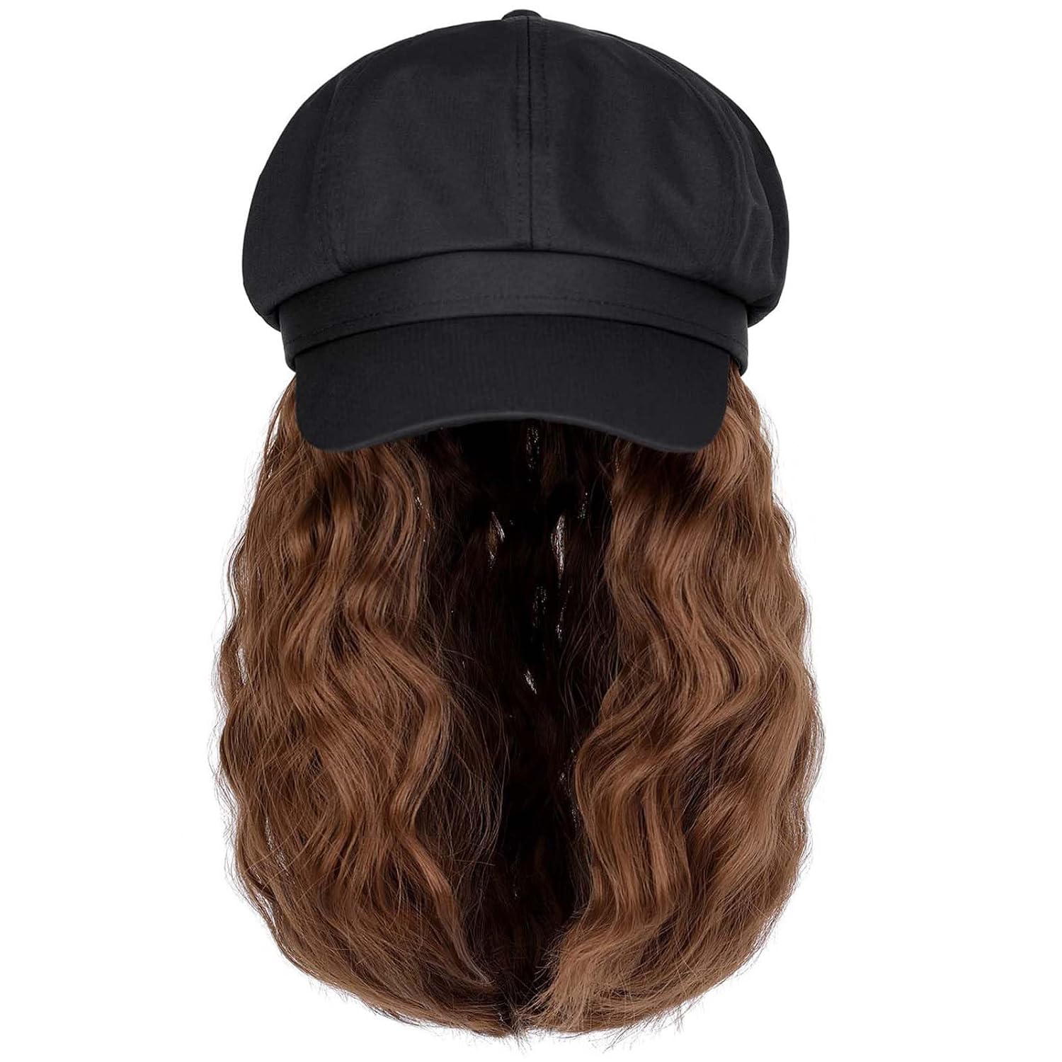 YEKEYI Beret Hat with Hair Newsboy Cap with Bob Hair Extensions Hat Wig Visor Beret Short Curly Wavy Hairpiece for Women
