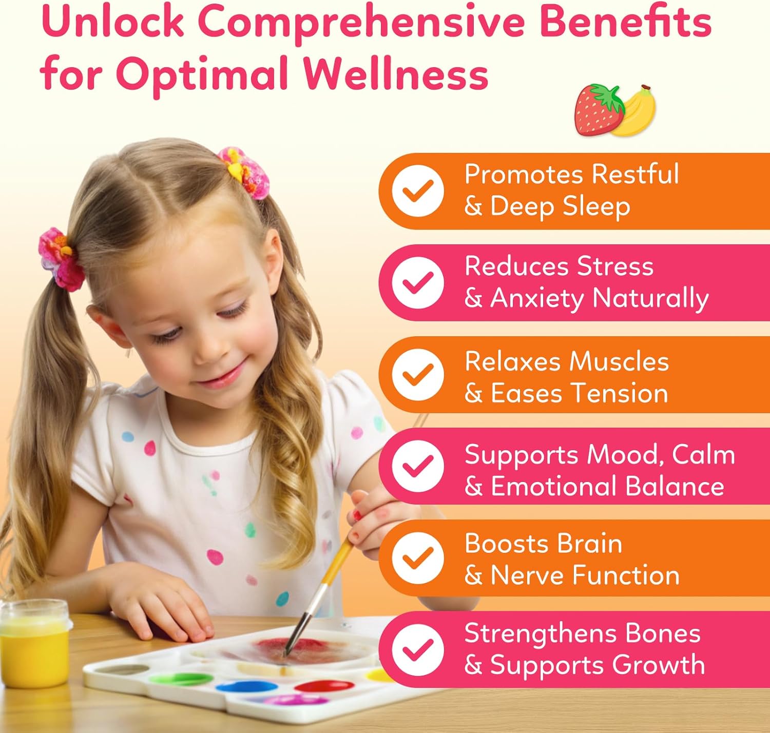 Magnesium Glycinate Gummies for Kids - with L-Theanine, Ashwagandha, Vitamin D3 K2, Magnesium for Kids - Sleep, Calm, Muscle, Relaxation, Cognitive, Sugar Free Strawberry & Banana Filled Gummies 60ct