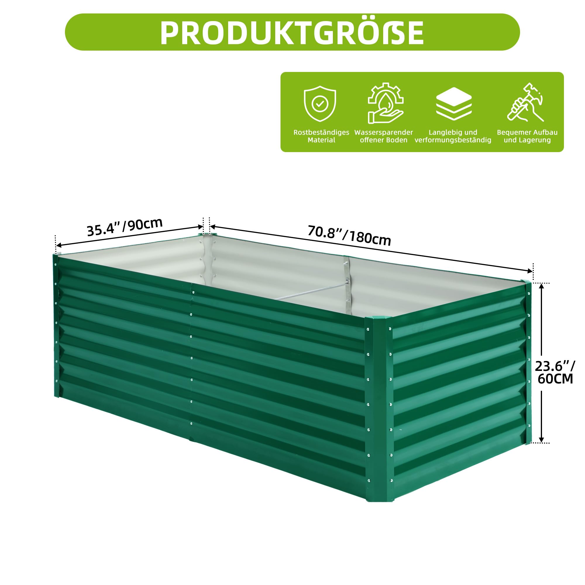 DWVO Hochbeet Metall 180x90x60cm mit Handschuhen, Gartenhochbeet aus Stahl, Rostfrei & Wetterfest, Stabiles verzinktes Beet mit Sicherheitsgummi für Gemüse Blumen Obst, Grün