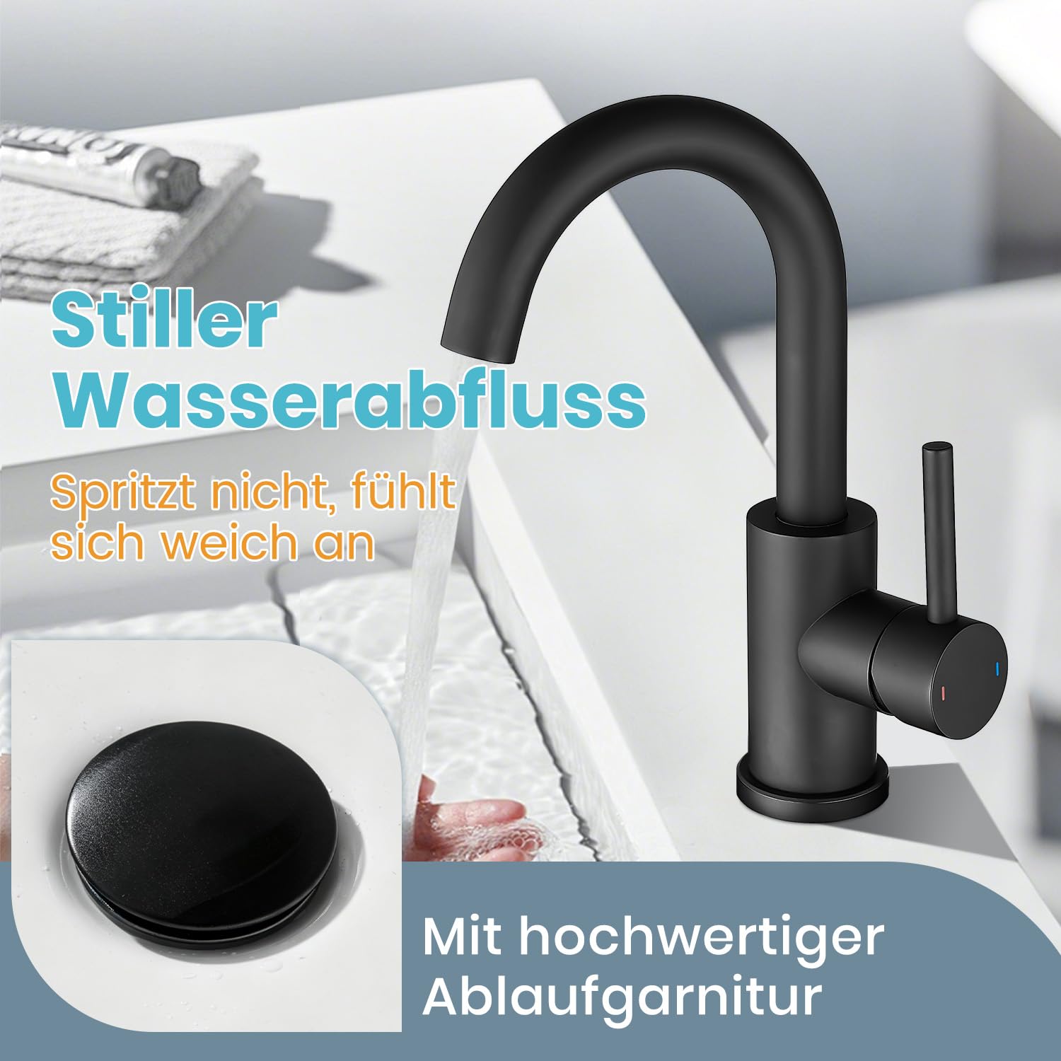 Wasserhahn Bad Hoch Mit Ablaufgarnitur,Badarmatur Schwarz