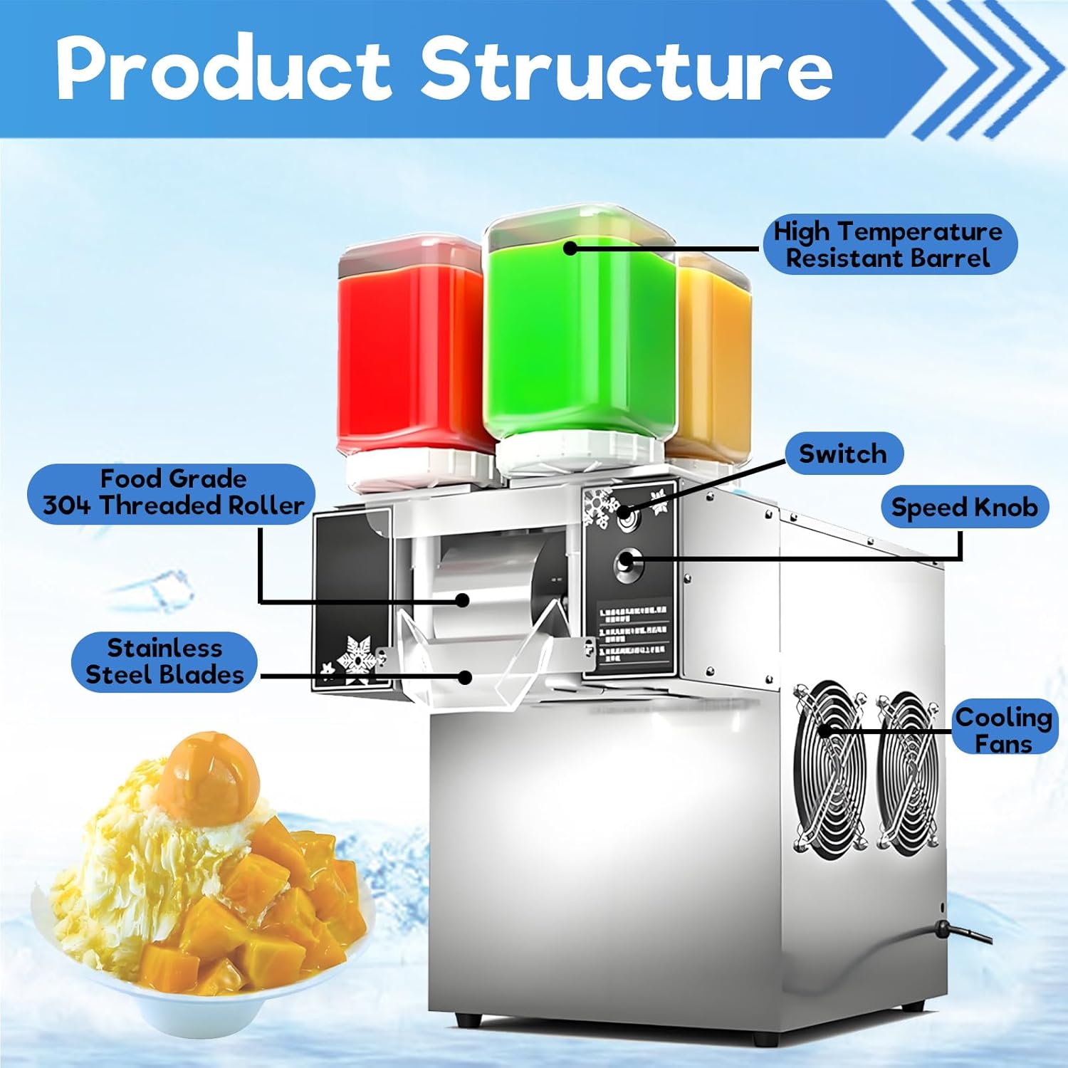 Snowflake Ice Cream Machine, Commercial Electric Shaved Ice Machine, Snow Cone Shaver, Snow Flake Ice Machine, 264 lbs/Day, 4 Feeding Buckets with Four Flavors, for Home, Restaurant, Office, Party.