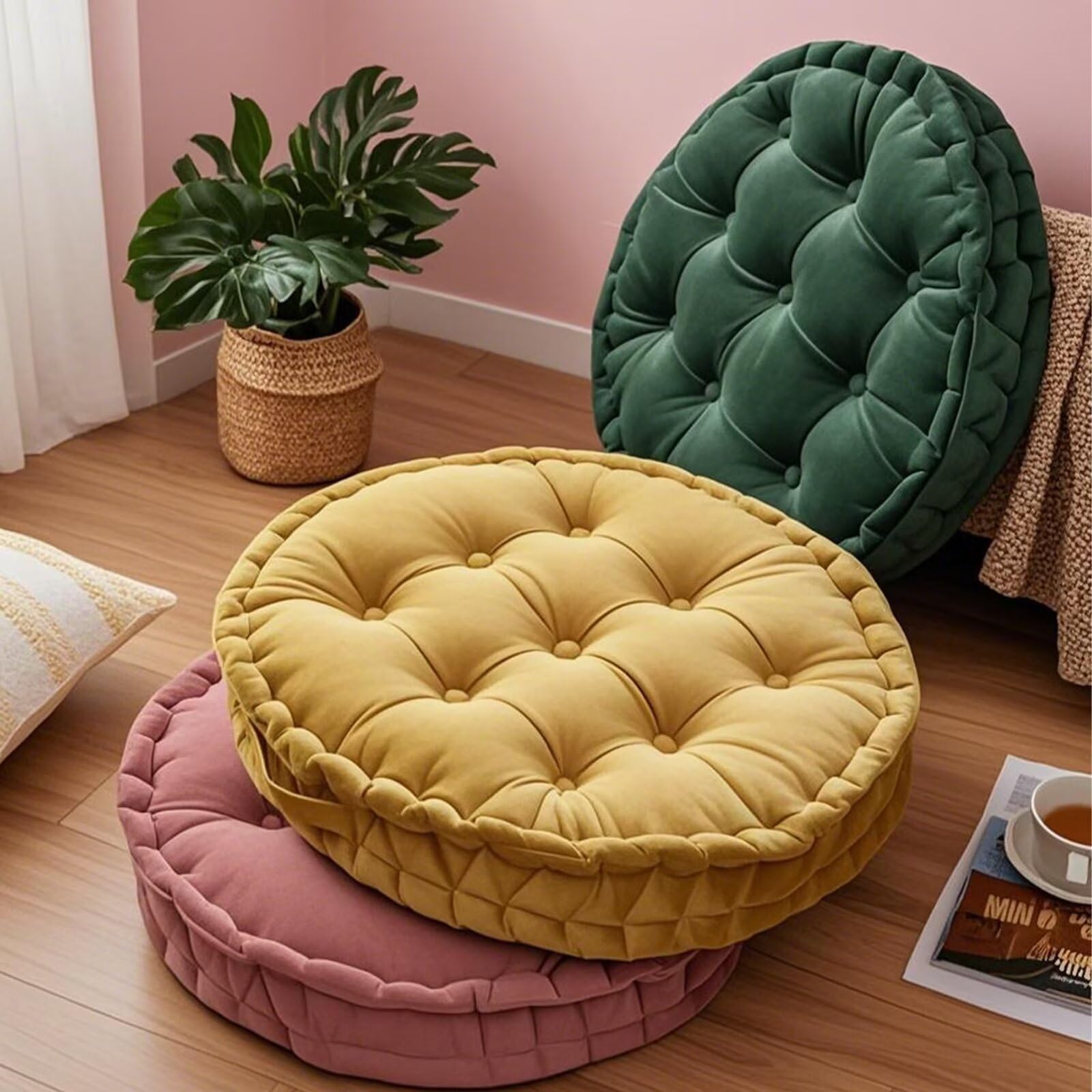 Runde Bodenkissen aus Samt, 61 cm, stilvolle Kissen für Yoga, Wohnzimmer, Balkon und Büro, weiche, bequeme Bodenstuhlmatten für Heimdekoration, 2 Stück