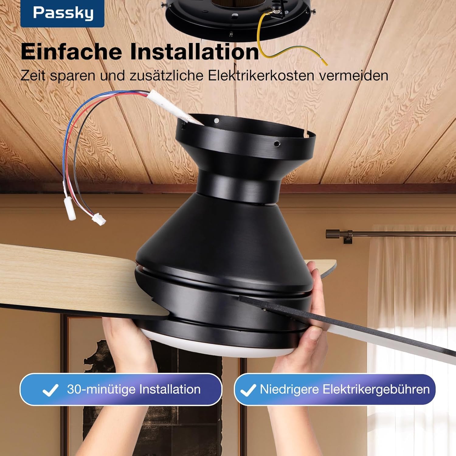 Passky Deckenventilator mit Beleuchtung Fernbedienung107cm Schwarz | 3 Flügeln LED Leiser DC-Motor Timer 3 Farbtemperaturen 6 Geschwindigkeiten Umkehrbar Sommer Winter Wohnzimmer Schlafzimmer