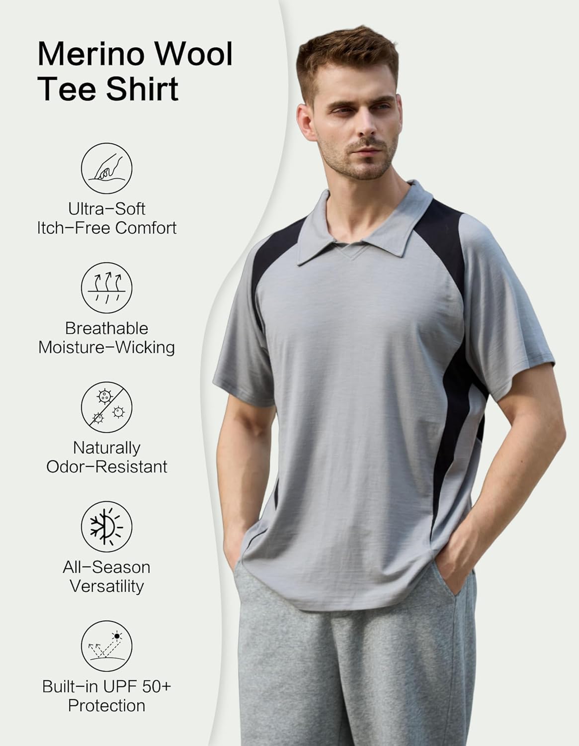 Merino Wool Polo Shirts for Men for Golf Work Sport, Lightweight Soft Moisture Wicking Mens Polo Shirt Short Sleeve