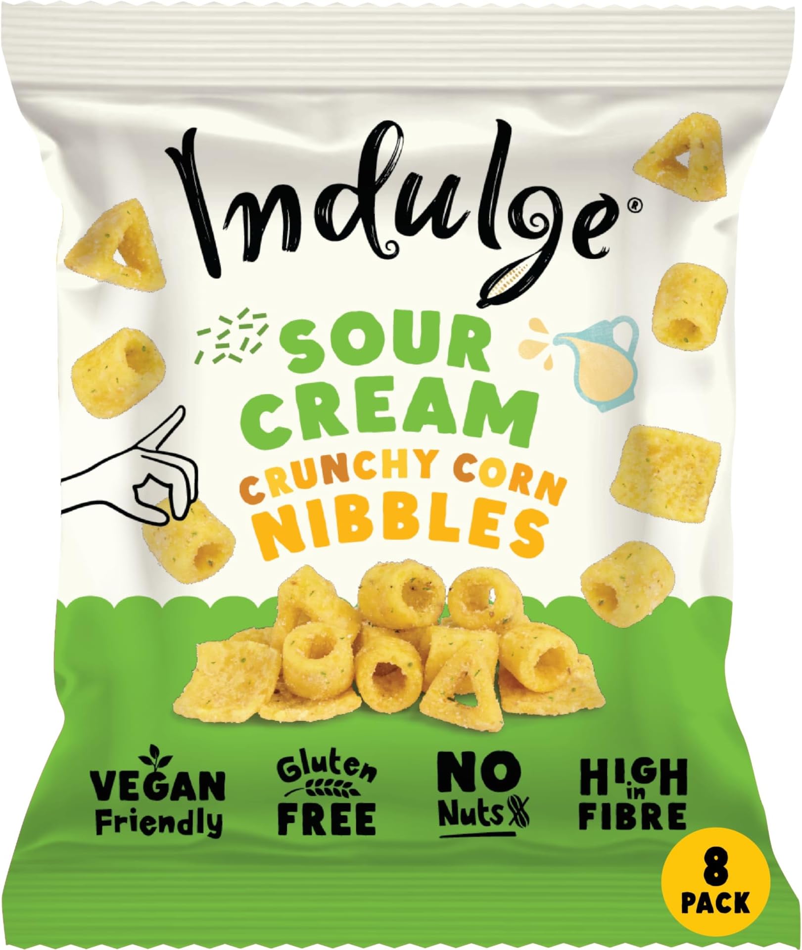 Indulge - Crunchy Corn Nibbles - Sour Cream Flavour - Gluten Free, Low Salt, Low Fat, Nut Free, Vegan - 20g x 8 bags (20g (Pack of 8), Sour Cream)