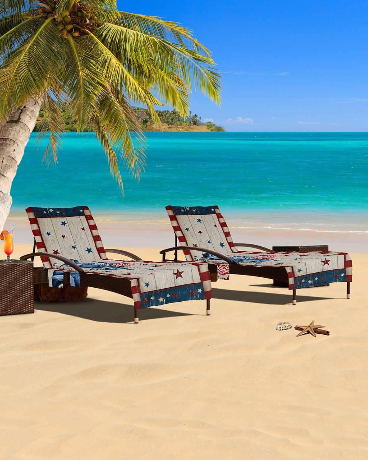 Blue Truck Star Stripes Flag Beach Pool Patio Lounge Chaise Chair Cover Towel With Pockets,Absorbent & Quick Dry Microfiber Towel Cover Bag Summer Sunbathing Accessories Independence Day Red Farmhouse
