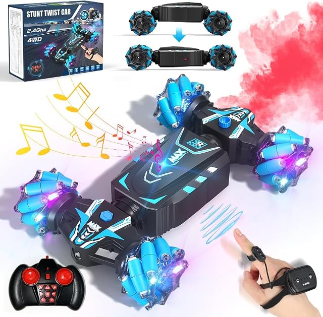 Remote Control Car Hand Controlled Gesture RC Stunt Car with Spray & Lights & Music for Kids 6-13 Years Old, 4WD 2.4GHz Off-Road Vehicle 360° Double Sided Rotation Crawler Toy Car Gifts for Boys Girls
