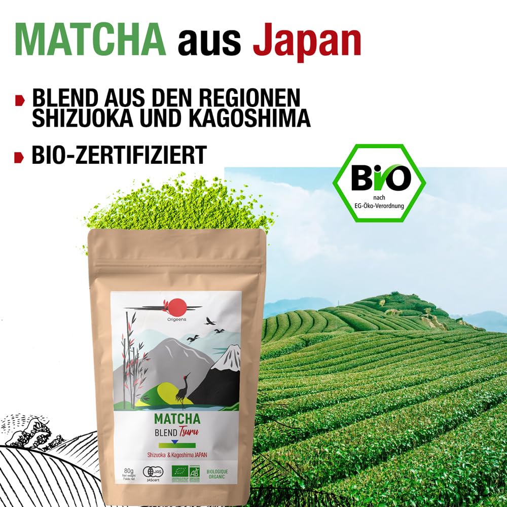 ORIGEENS MATCHA SET MIT PULVER "JADE" - Handgefertigte Matcha-Schale (Portugal), Matcha-Besen, Bambuslöffel, BIO Matcha-Tee aus Japan - Matcha Tee Set für Teezeremonie, Geschenkset