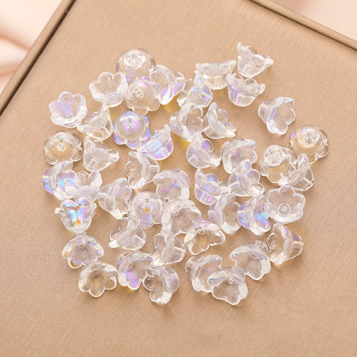30x AB Iridescent Acrylic Flower Beads, 4 Petals Aurora Borealis Bead Caps, Tiaras Flower