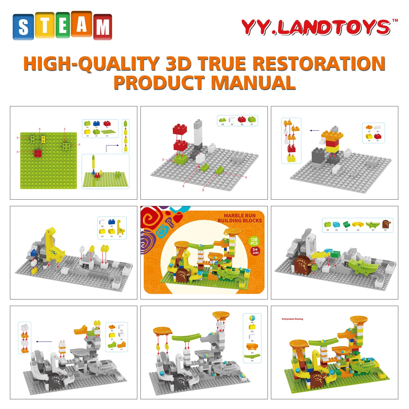 Dinosaur Marble Runs for Kids 4-8 Building Blocks Compatible with LEGO DUPLOS for Age 2-5/138Pcs Classic Big Blocks Marble Run for kids Ages 3-5 STEM Toy/Montessori Toys Gift for Kids Age 3,4,5,6,7,8+