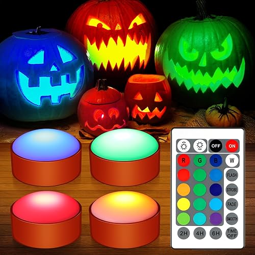 4 luces LED de calabaza de Halloween con control remoto, 16 colores, temporizador, luz de disco de colores, funciona con pilas, sin llama, luces LED