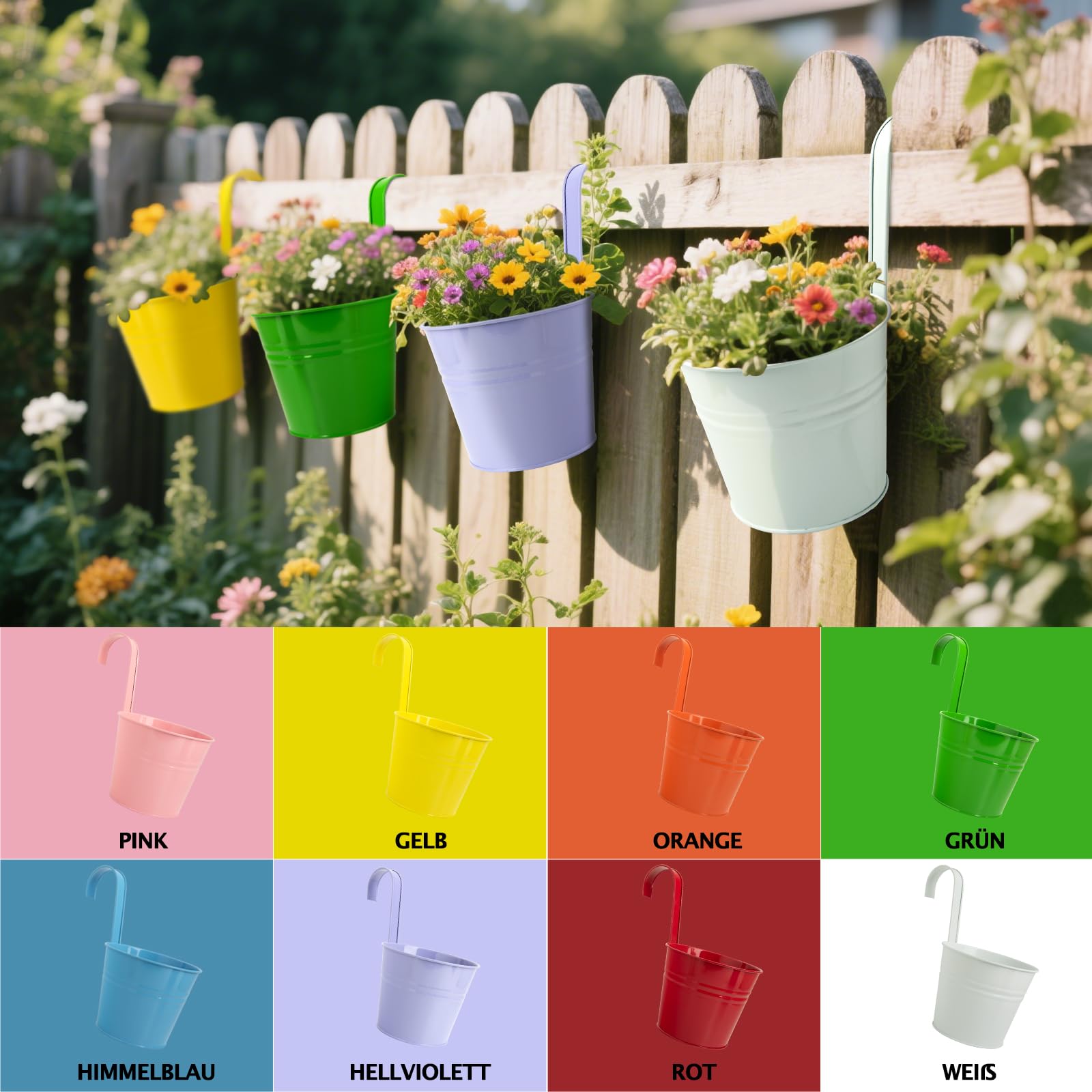 XXXFLOWER Metall Hängende Blumentöpfe Set - Robuste Hängeblumentöpfe aus Metall mit Abnehmbarem Haken & Ablaufloch, Hängetöpfe für Balkon, Garten, Zaun, Wand4/8 Stück