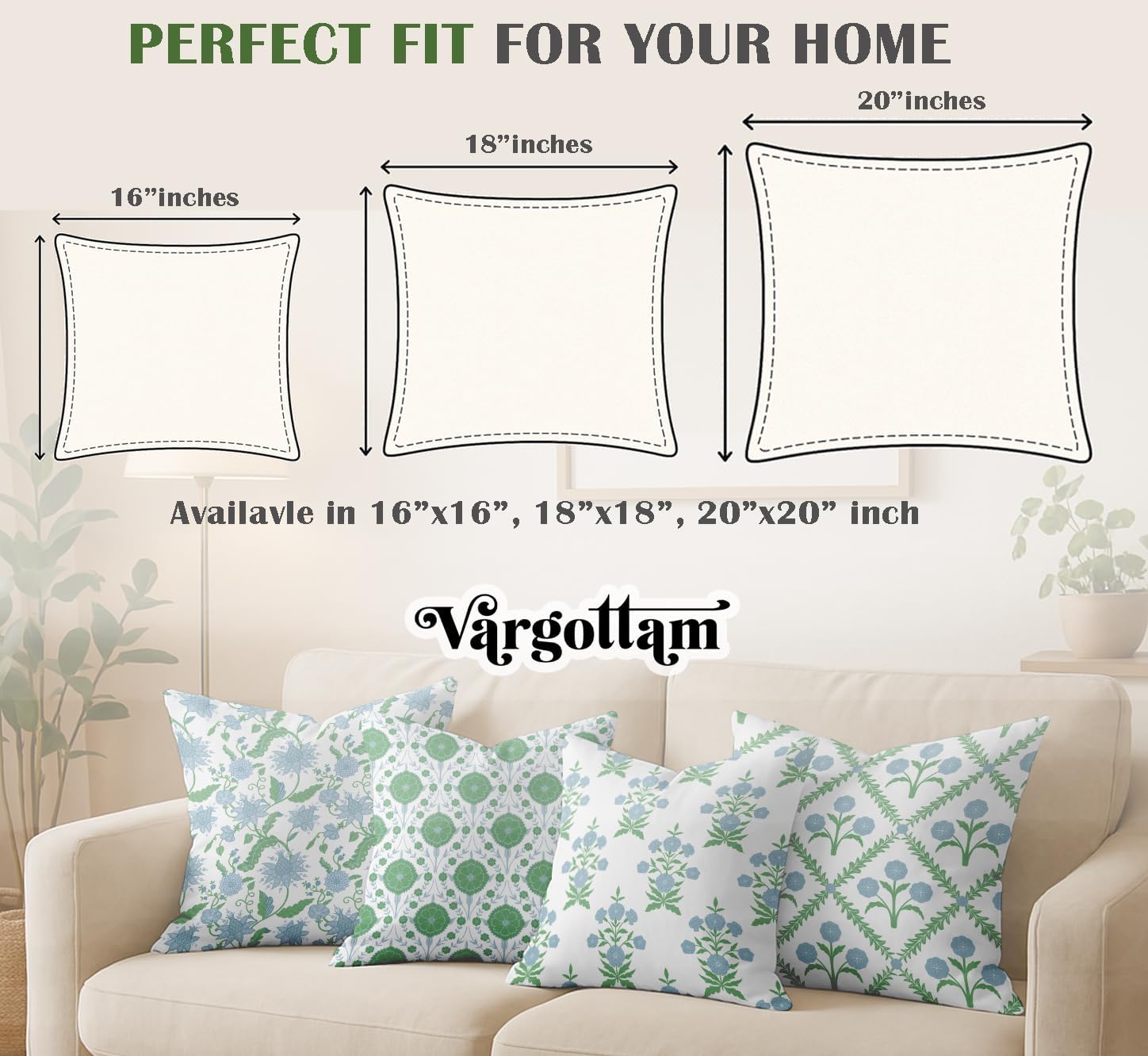 Block Design, Decorative Cushion Covers Set of 4-16x16 Inch, 100% Cotton, Printed on Both Sides, Hidden Zipper, White
