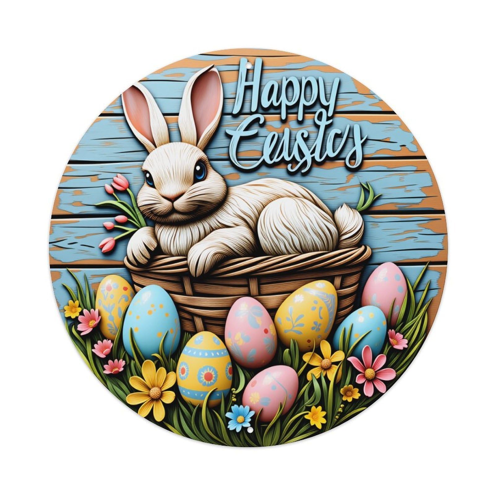 Easter Bunny Basket Eggs Flowers Round Tin Sign Vintage Metal Poster Retro Bar, Home, Man Cave, Kitchen, Laundry Room Wall Art Decor Gift 8x8Inch