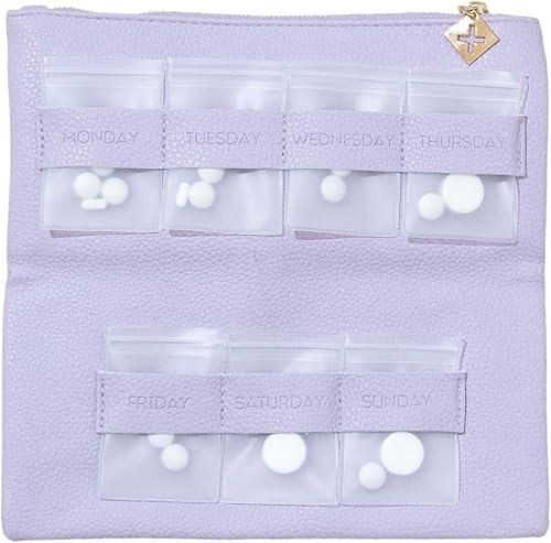 Dosey Gold Era - Pastillero de 7 días Organizador diario de píldoras de cuero vegano Bolsa de viaje de lujo, bolsillos herméticos para