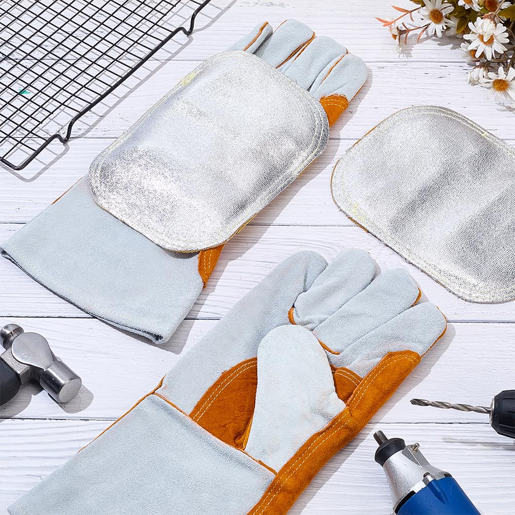 WADORN 1Paar Hand Hitze Schild Schweiß Handschuhe und 4 Stück Schweiß Hand Polster, Geteilt Rindsleder Leder Aluminiumbeschichtet Rücken Hände Polster Handschuhe für Industrie Kessel Schneiden Schutz