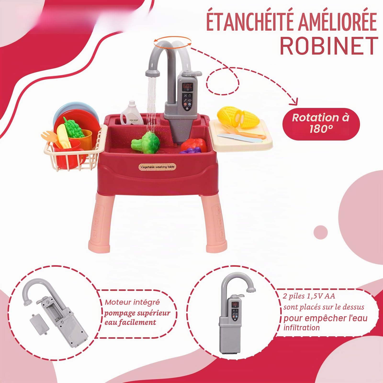 Jeu d’Évier de Cuisine pour Enfants avec Robinet à Recyclage d’Eau,Jouet de Rôle Incluant Légumes et Accessoires, Pompe à Eau Réaliste,Cadeau pour Filles Garçons dès 3 Ans