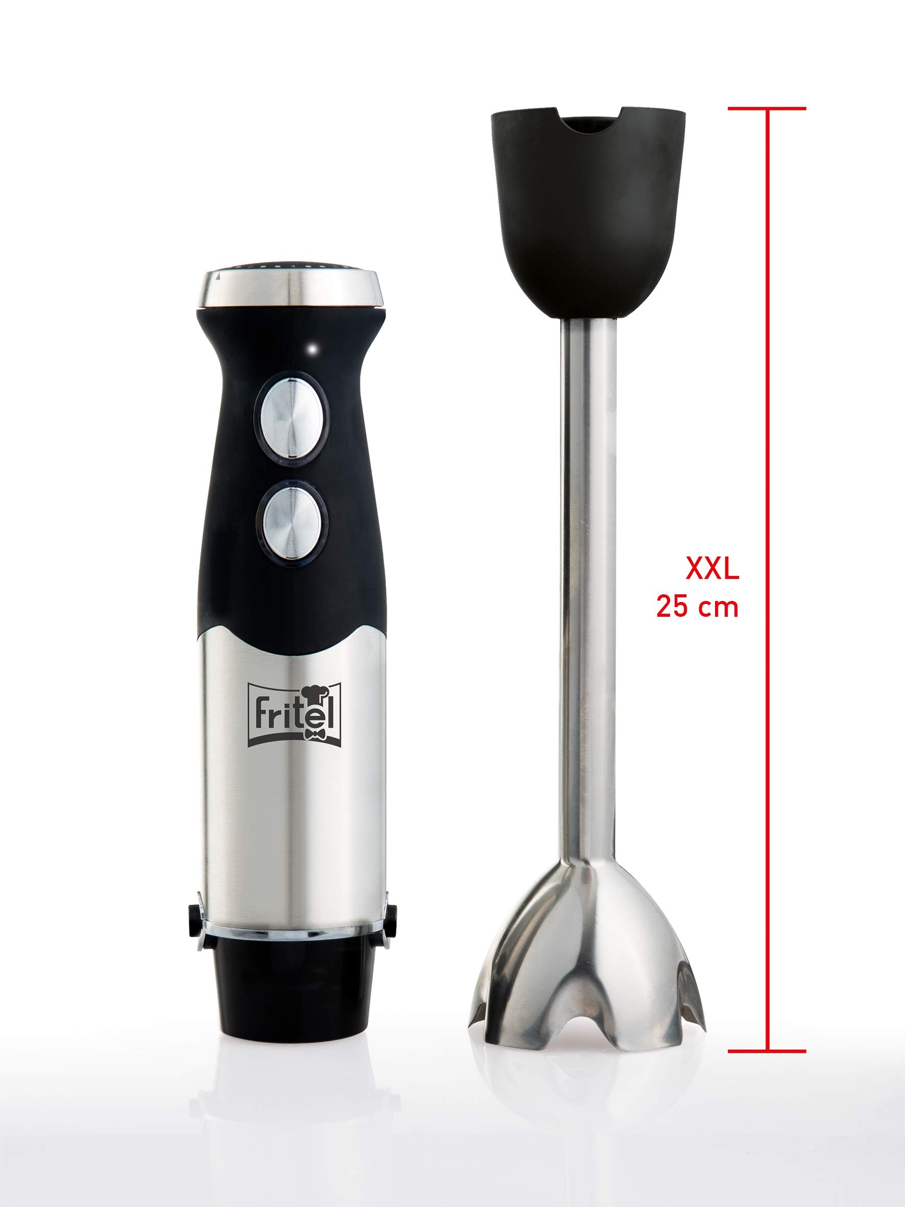 FRITEL Stabmixer HB 2870 – Stabmixerset/Handmixer mit Zubehör – 25 cm – 800 W – 6 Messer – 2 Geschwindigkeitsstufen + Zerkleinerer + Messbecher + 2 Rührbesen
