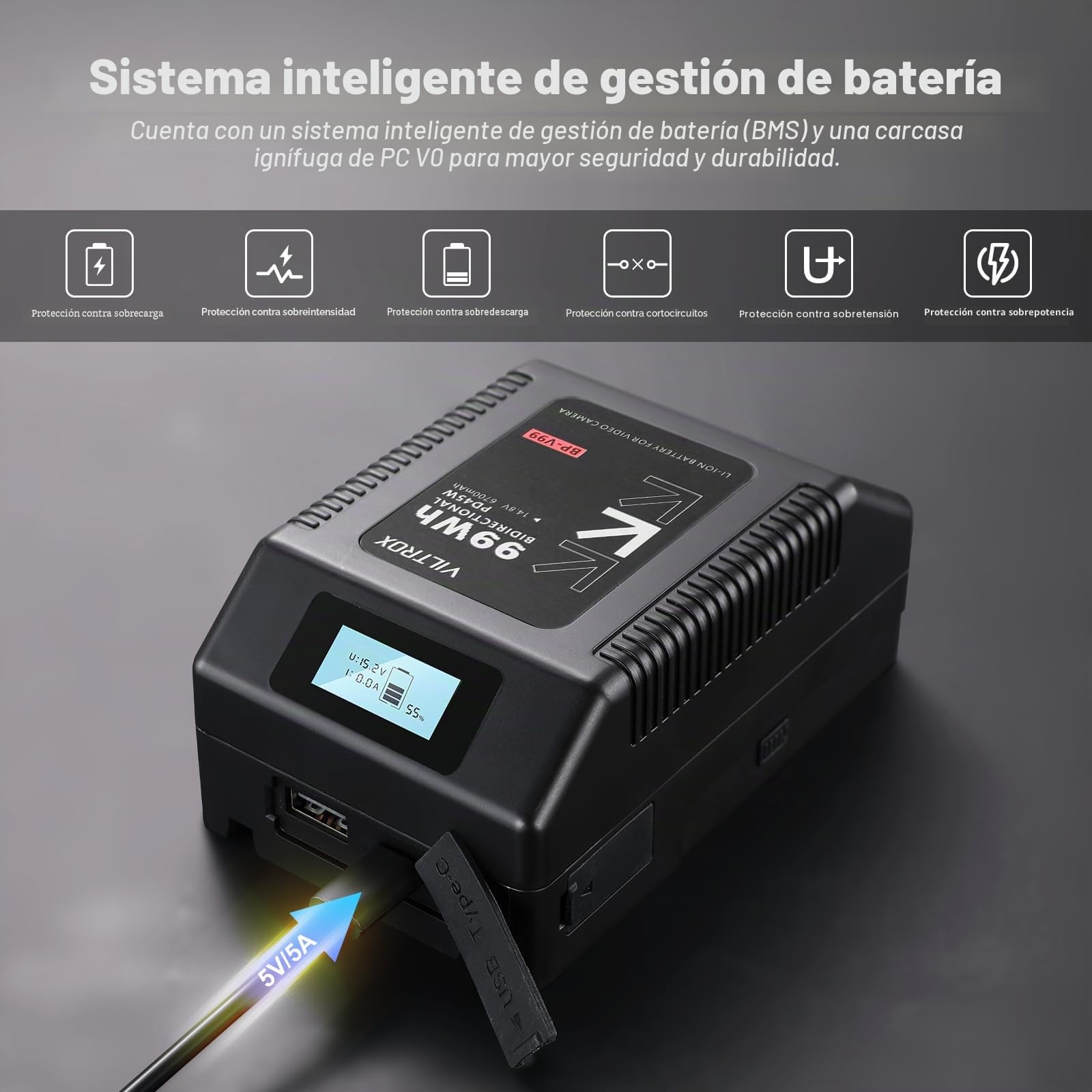 VILTROX BP-V99 Mini V Mount Batería,Batería V Mount 6700mAh con Pantalla LCD,Dual D-Tap&USB Salida 99Wh/14.8V,Negro V Mount Mini Lock Battery para Cámaras,Videocámaras,Luces LED,Monitores y Smartphone