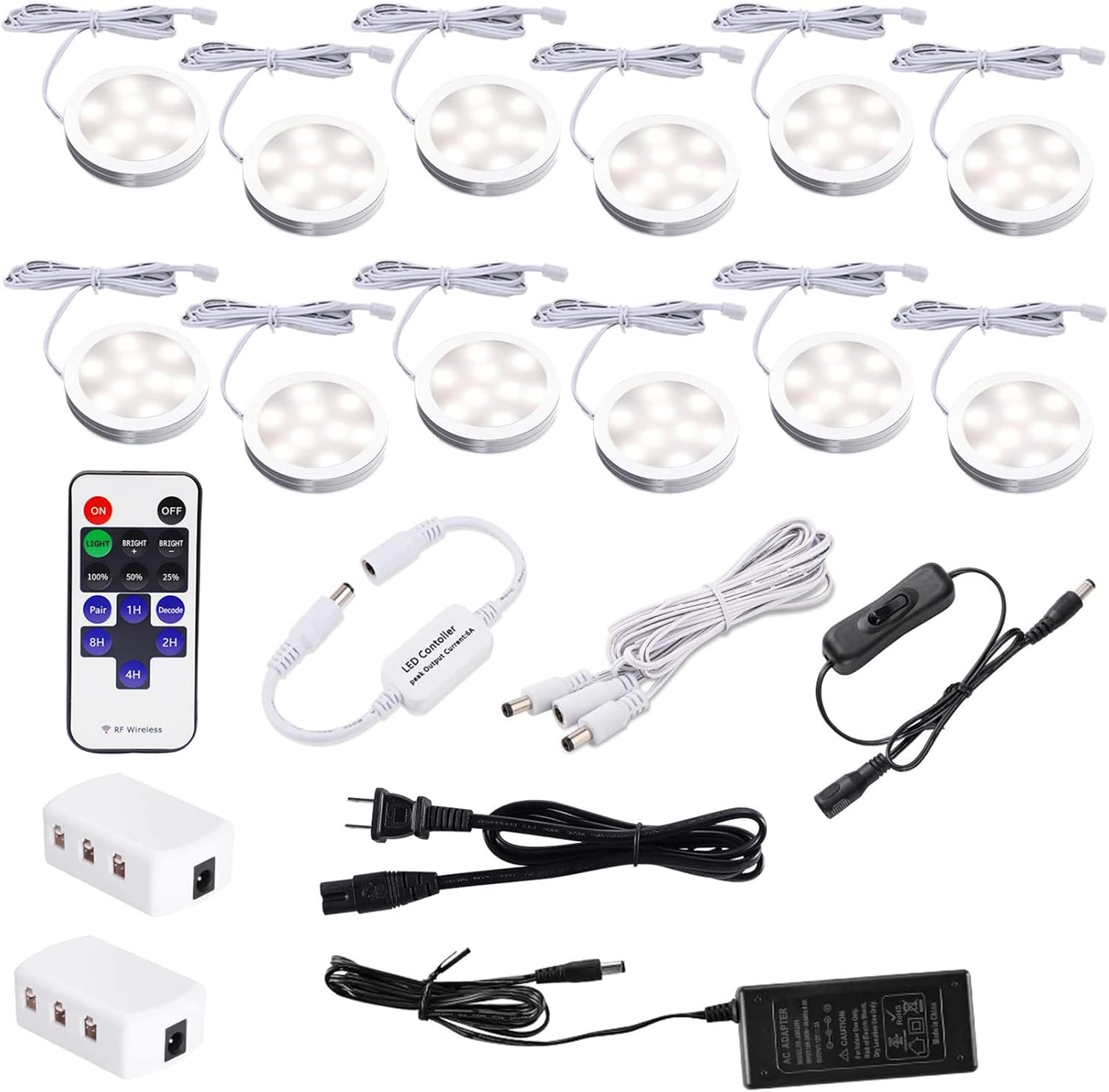 AIBOO Under Counter Lighting Kit,12 pcs 4000K Plug in LED Puck Lights,24W Ultra Slim Dimmable White Fixtures for Kitchen Cabinet,Wine Cabinet,Closet and Showcase Lighting(4000K, Natural White)