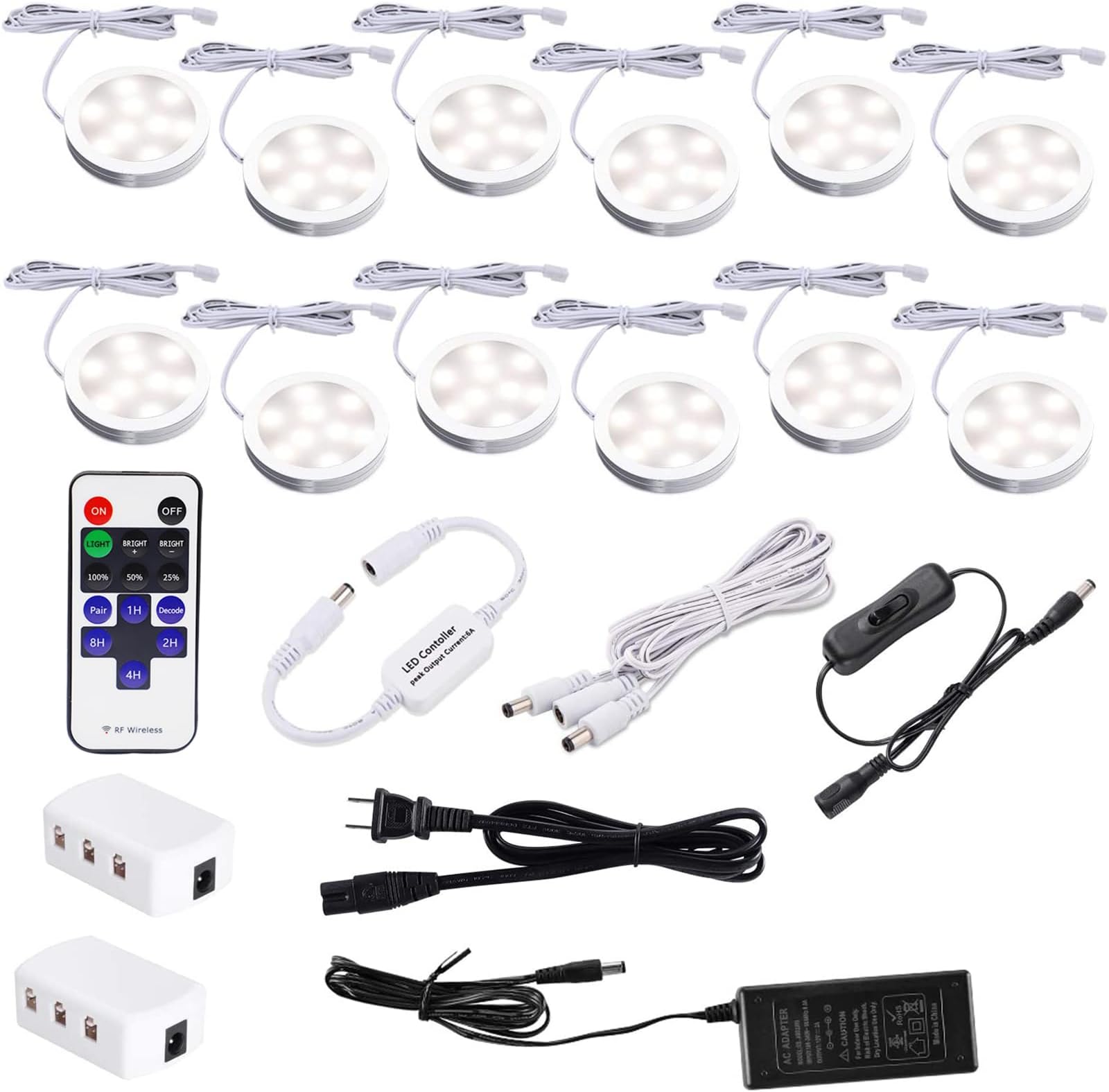 AIBOOUnder Counter Lighting Kit,12 pcs 4000K Plug in LED Puck Lights,24W Ultra Slim Dimmable White Fixtures for Kitchen Cabinet,Wine Cabinet,Closet and Showcase Lighting(4000K, Natural White)