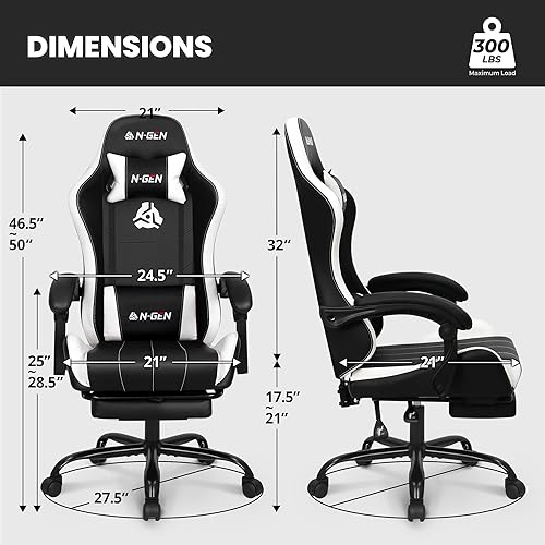 Miniatura 3 de N-GEN GAMING Silla de videojuegos con reposapiés, soporte lumbar para el hogar, oficina, respaldo alto, reclinable, altura ajustable, ergonómica,