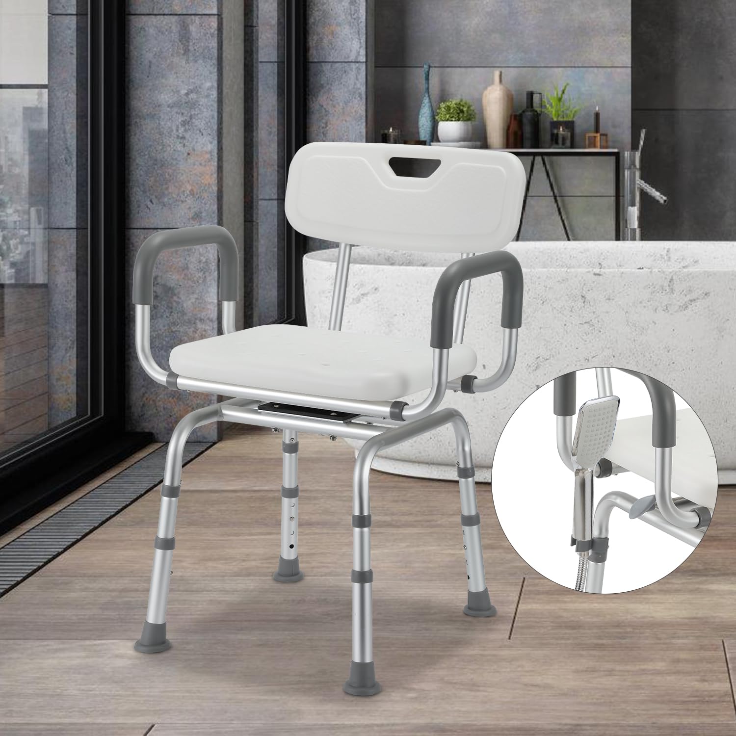 Alu-Duschhocker 3-in-1 bis 135 kg mit Rückenlehne für Senioren | Für Dusche, WC-Hilfe und Intimpflege; 6-fach 40–53 cm, mit Ablaufsitz, Polster, Anti-Rutsch-Füßen, einfach montierbar.