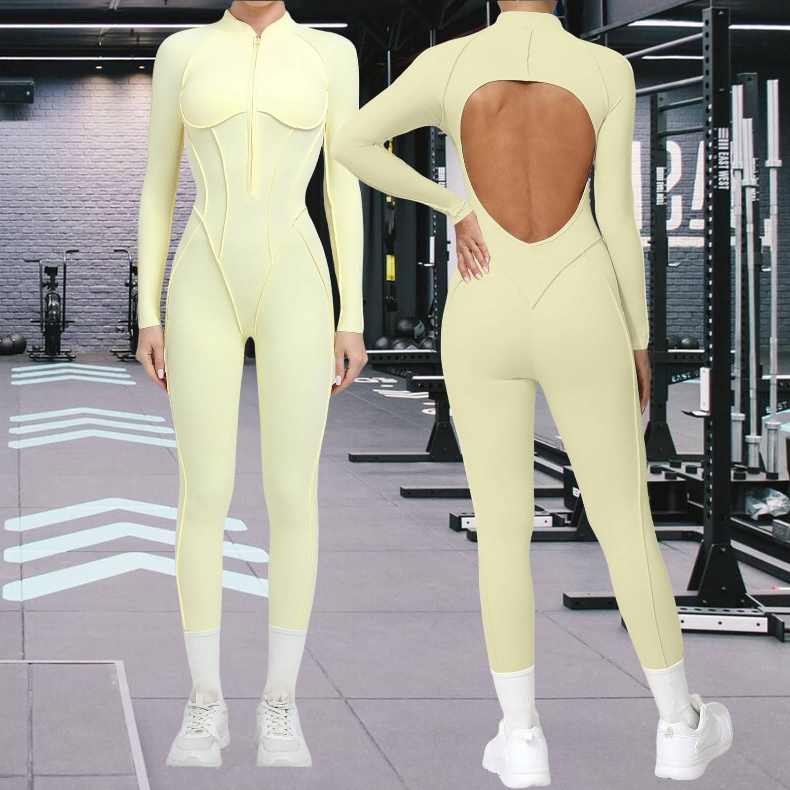 Damski kombinezon do jogi z zamkiem błyskawicznym, z długim rękawem, rozciągliwe body obcisłe, bodysuit, kontrola brzucha siłownia, odzież sportowa do fitnessu miękka w dotyku