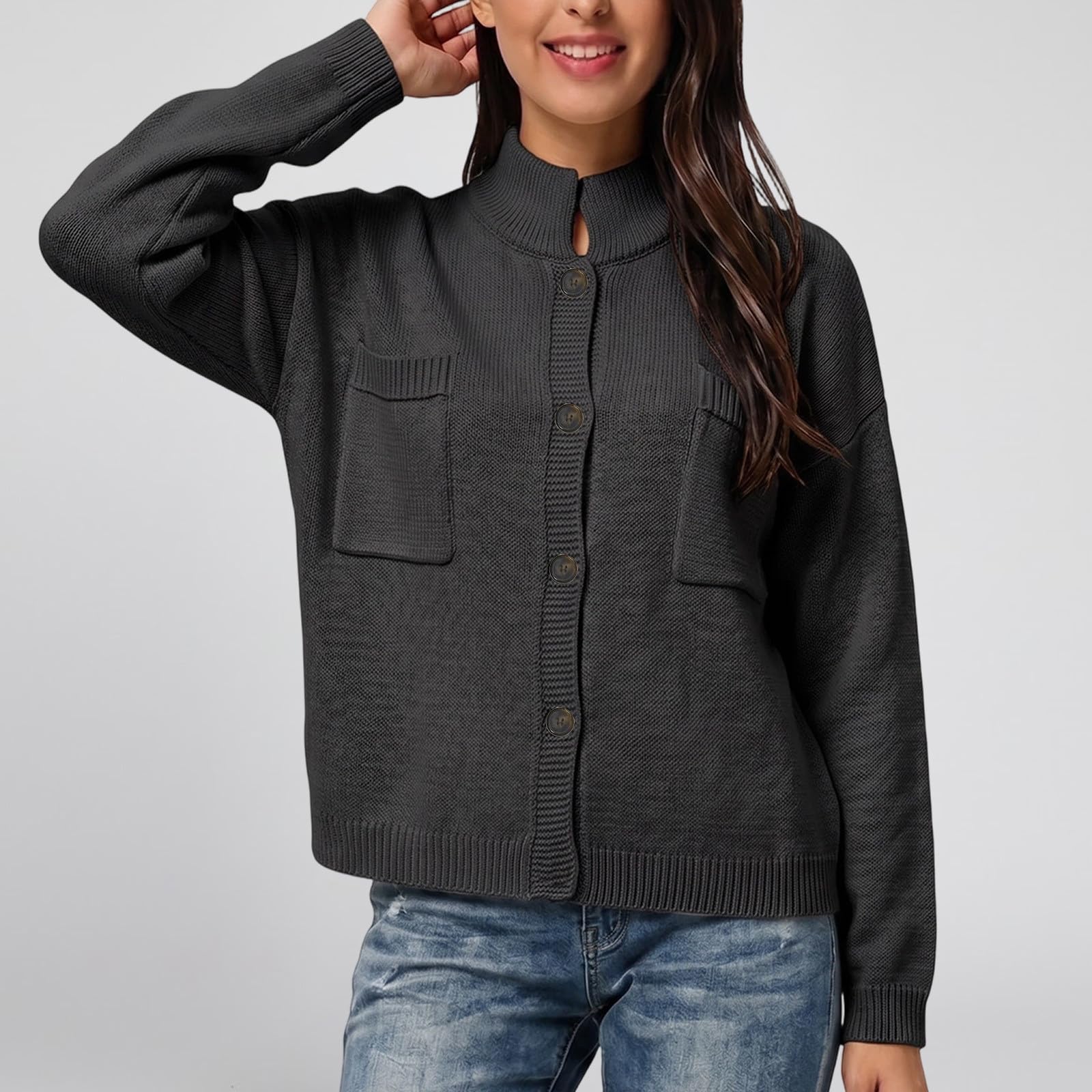 Strickjacke Damen Kurz Cardigan Leichte Jäckchen Damenstrickjacke Dünne Langarm Knopfleiste Open Front Sweater Warme Herbst Winter Tops Elegant Casual Weich Pullover Mit Knöpfen