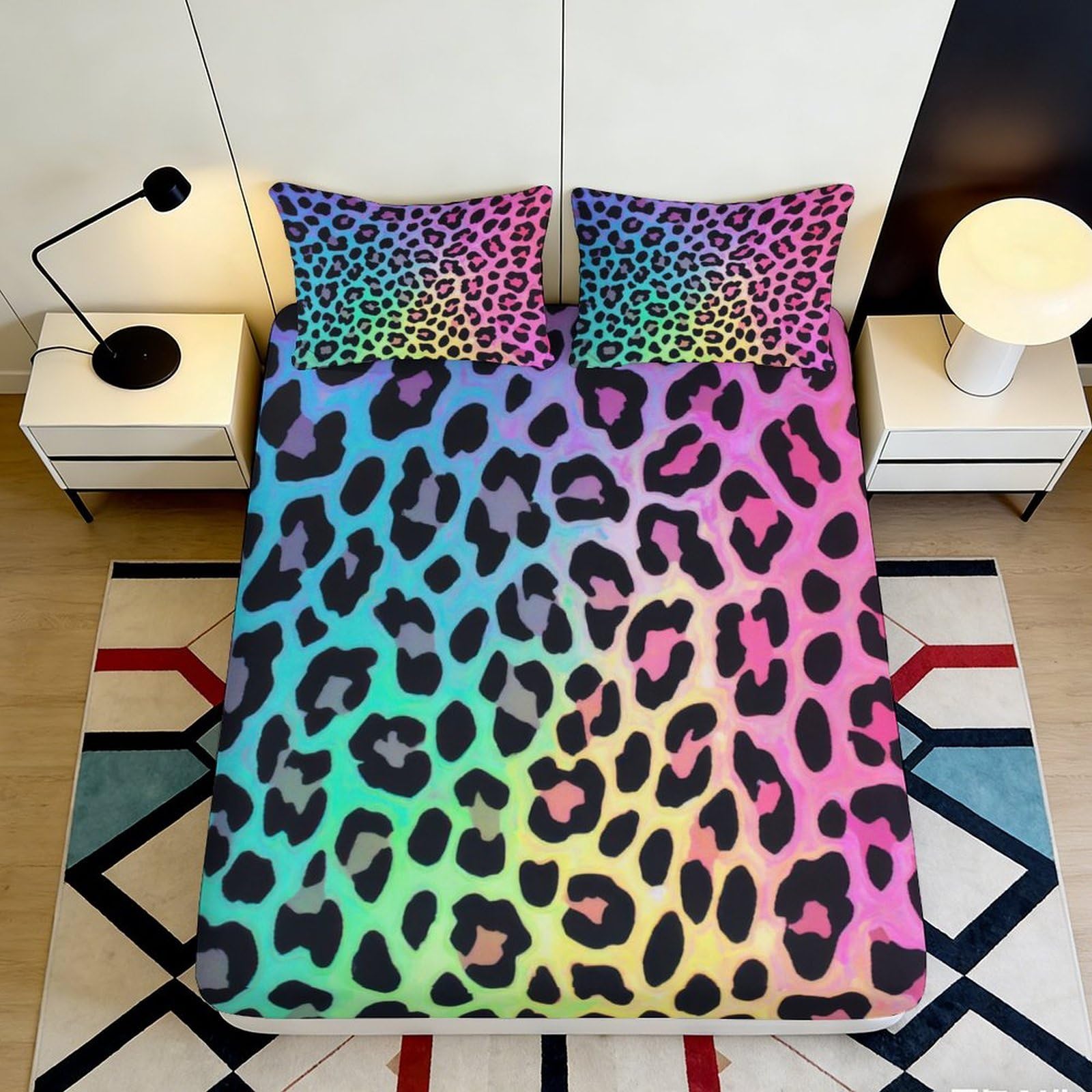 3D Printed Rainbow Leopard Fitted Sheet Microfiber Soft Gradient Animal Mattress Cover for Bedroom Dorm Decor 90x200x25cm