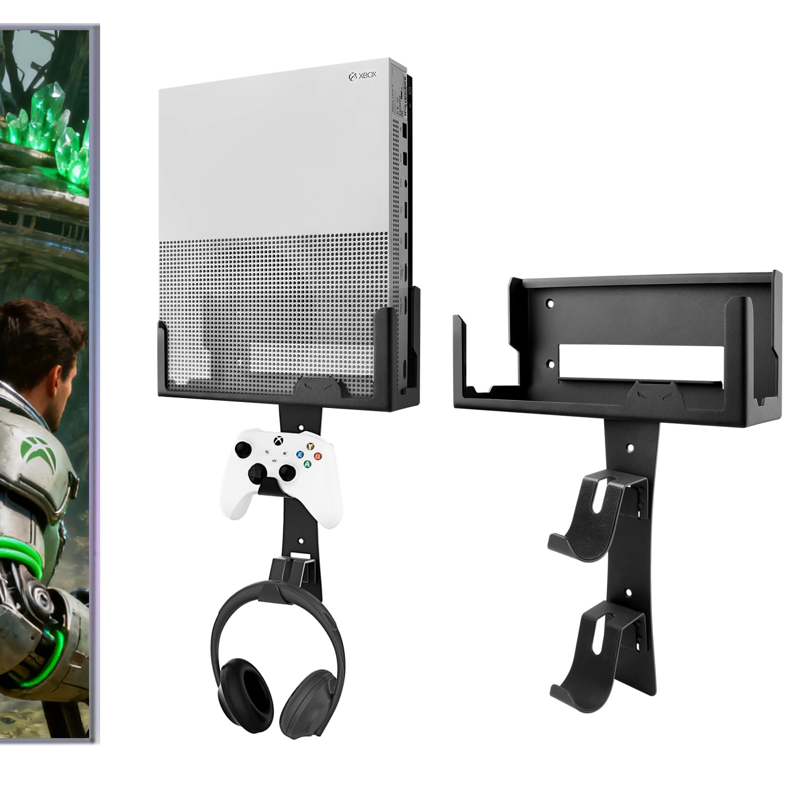 BracNova Wall Mount for Xbox One S with 2 Detachable Controller Holder and 1 Headphone Hook Metal Stand