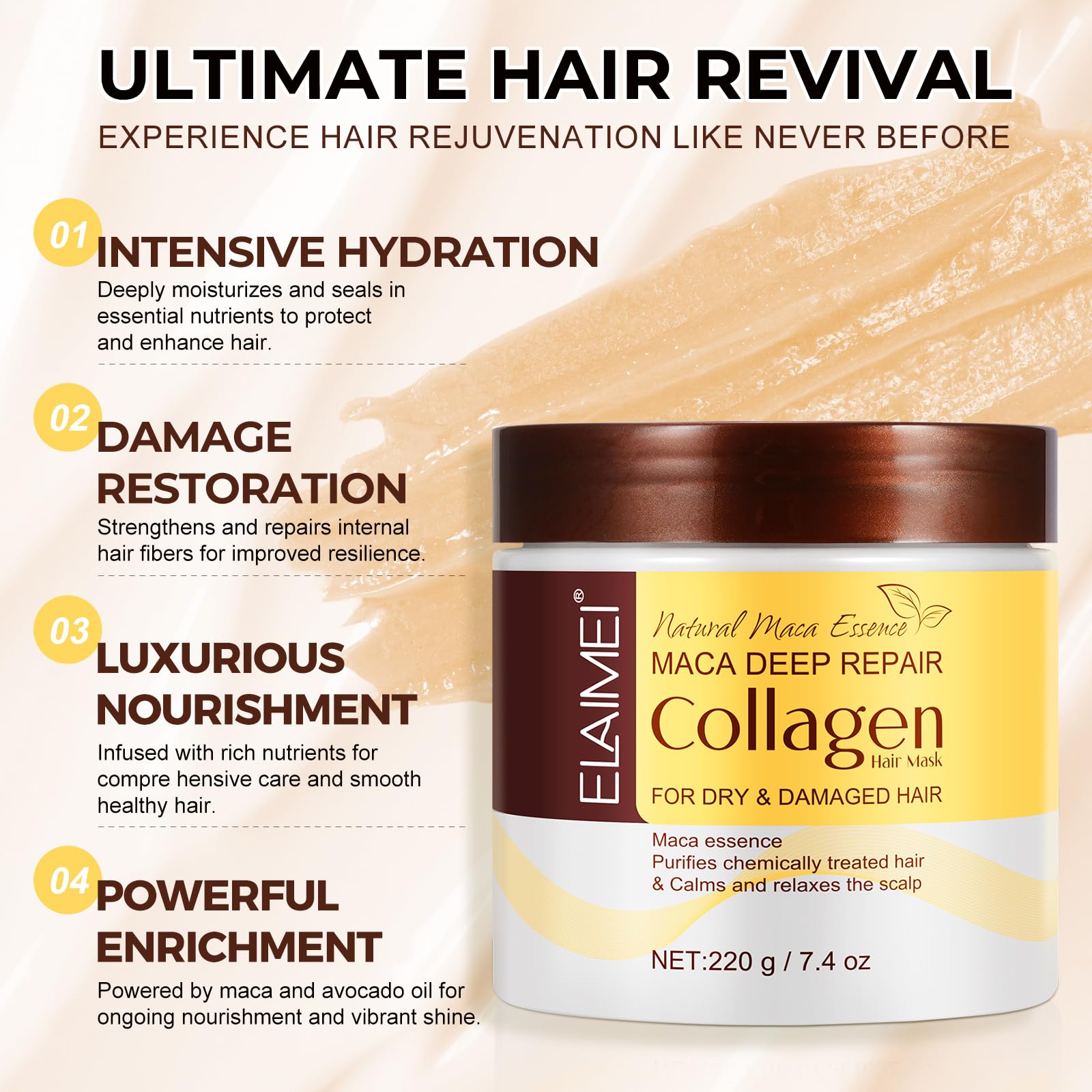 Maca Collagen Hair Mask for Dry & Damaged Hair - 220ml with Moroccan Argan Oil, Deep Repair & Nourishing Moisturizing Treatment - Image 2