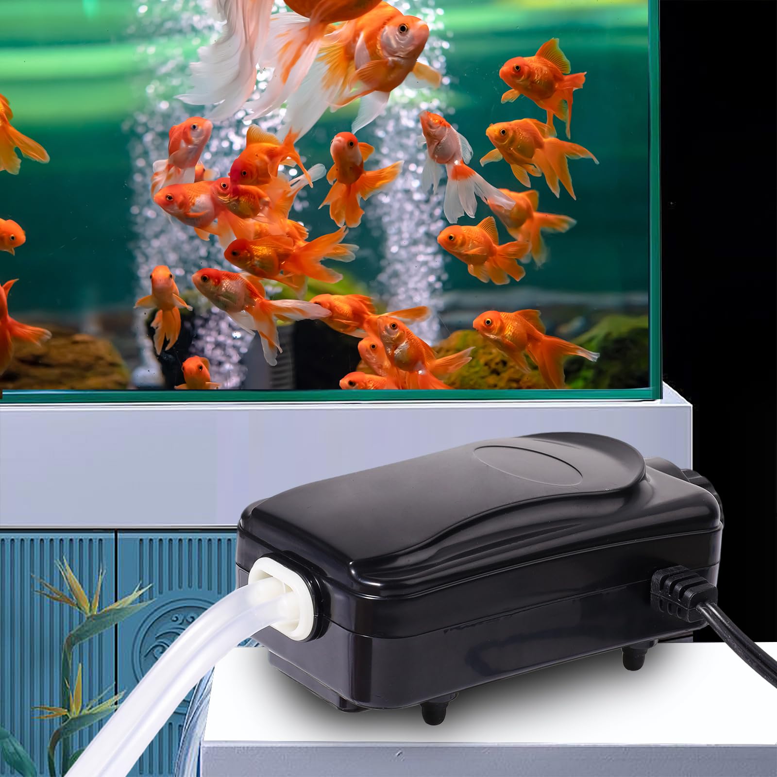 Bomba de aire de acuario de doble salida para tanques de 5 a 150 galones, flujo ajustable con 2 piedras de aire, tubos y válvulas de retorno, aireador silencioso para peceras, fácil de configurar