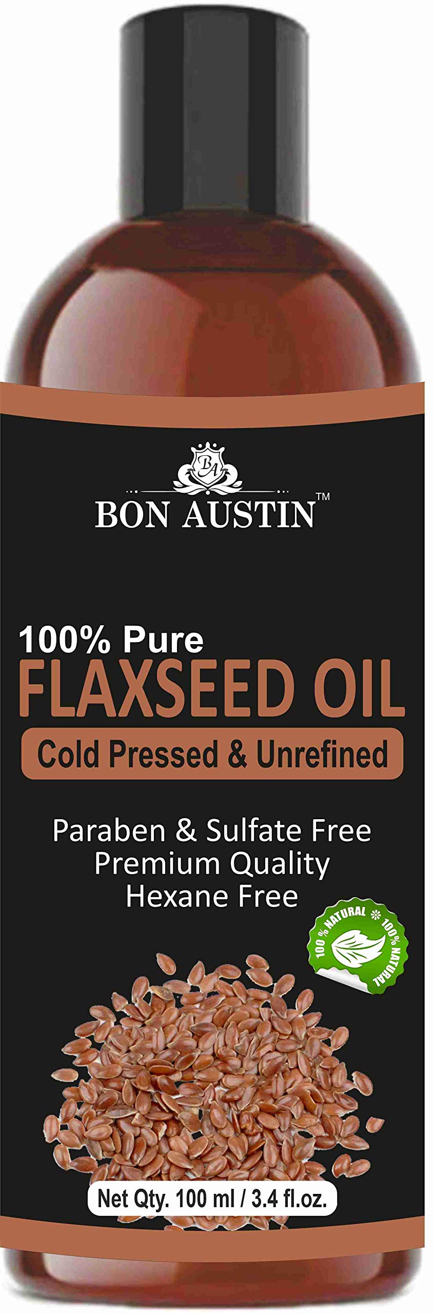 Bon Austin100% Pure Organic Flaxseed oil - Controls Hair Fall - No Mineral Oil, Silicones & Synthetic Fragrance (100 ml)
