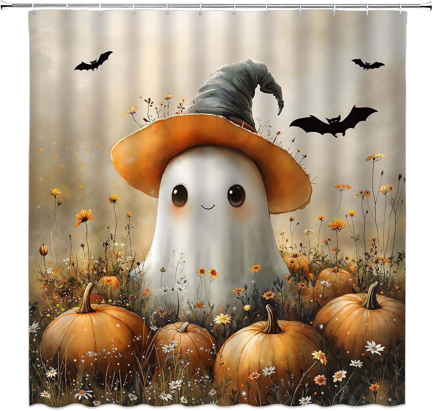 Ghost Pumpkin Extra Long Shower Curtain,Halloween Spooky Decor for Bathroom,Floral Autumn Festival Fall Cute Orange Fabric Curtain with Hooks,70x78 Inch