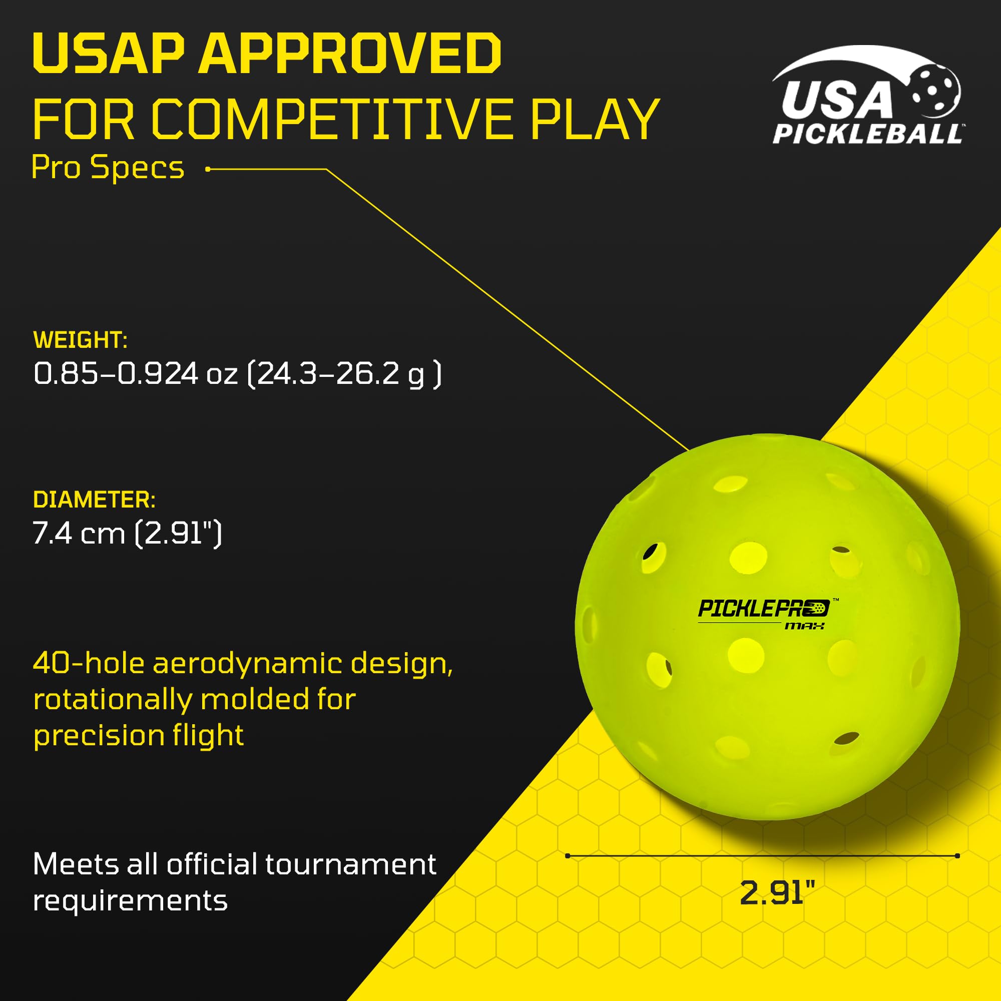 Palline da pickleball modellate rotazionalmente per giocatori competitivi - Design morbido a 40 fori in LDPE di alta qualità - Approvato USAPA, grado di torneo, controllo preciso e durata superiore