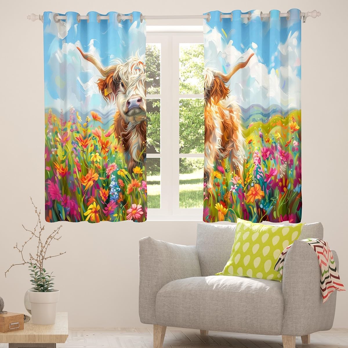 Manfei Rustic Cow Curtains for Living Room,Western Farmhouse Highland Cattle Window Drapes Blackout 30%-50%,Watercolor Blooming Flowers Spring Floral Window Treatment 2 Panels,38Wx45L