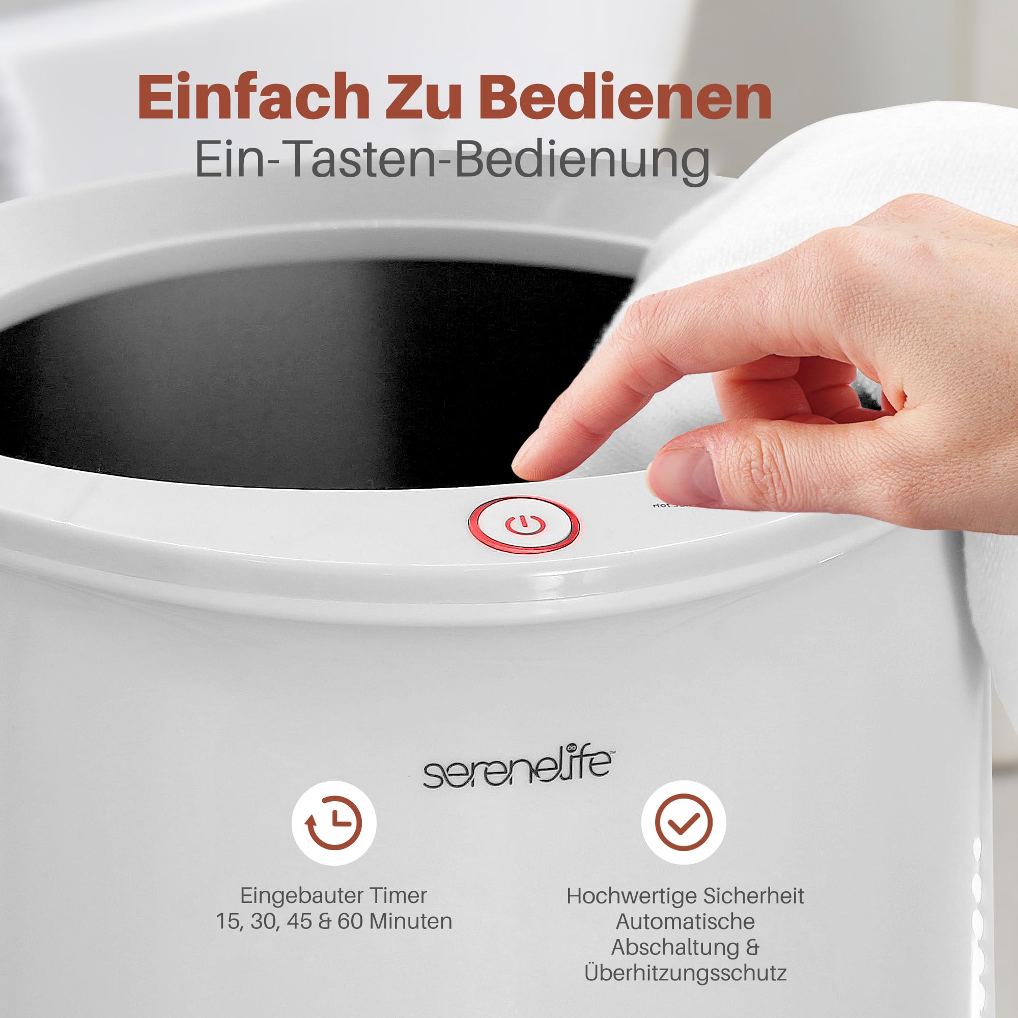SereneLife Handtuchwärmer Elektrisch 20L Weiß – Towel Warmer für Badetücher, Bademäntel und Decken mit Aromafunktion, Auto-Off und schnellem Aufheizen